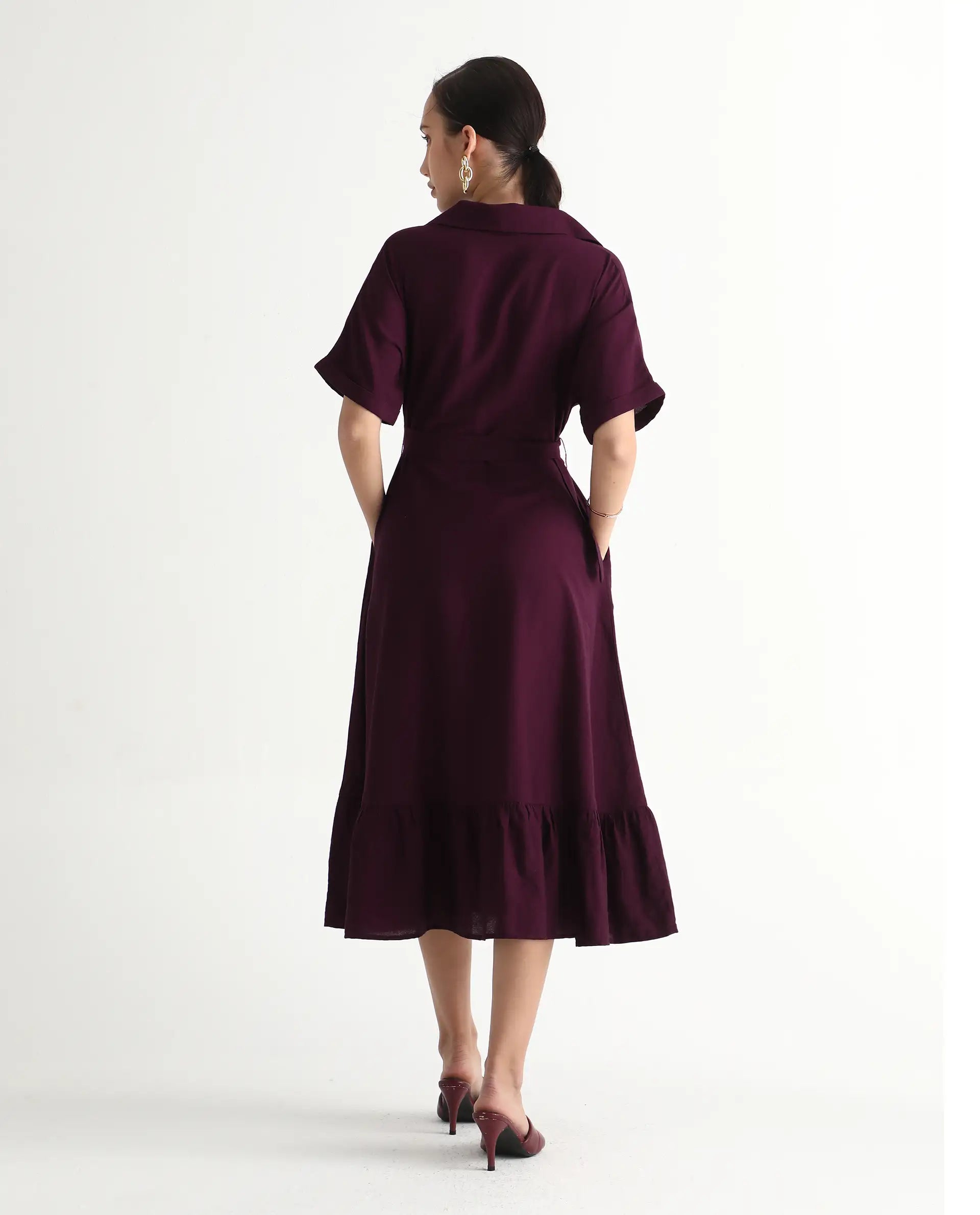 Rareism Women's Elhan Maroon Polyester Extended Sleeves Jonny Collar A-Line Fit Plain Midi Dress