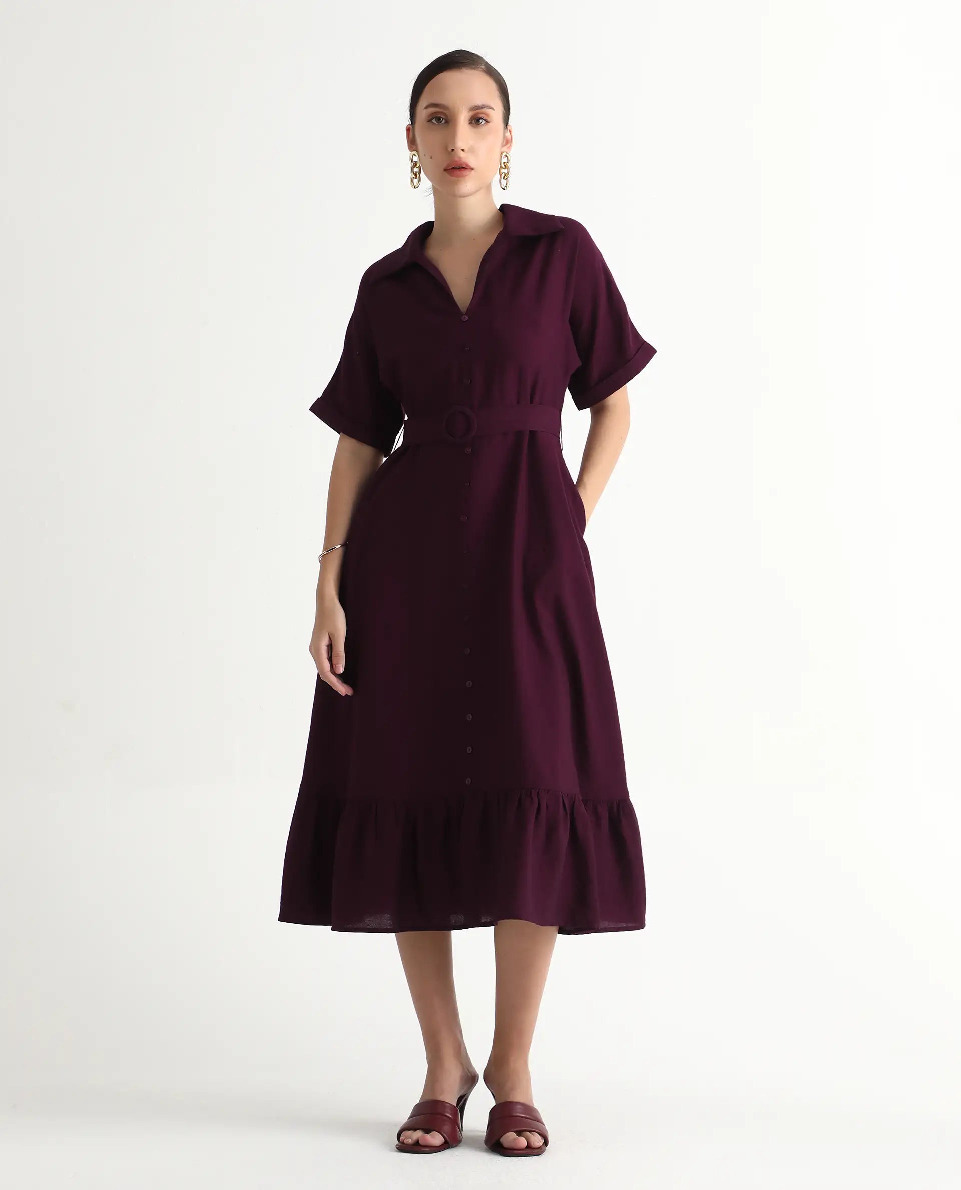 Rareism Women's Elhan Maroon Polyester Extended Sleeves Jonny Collar A-Line Fit Plain Midi Dress