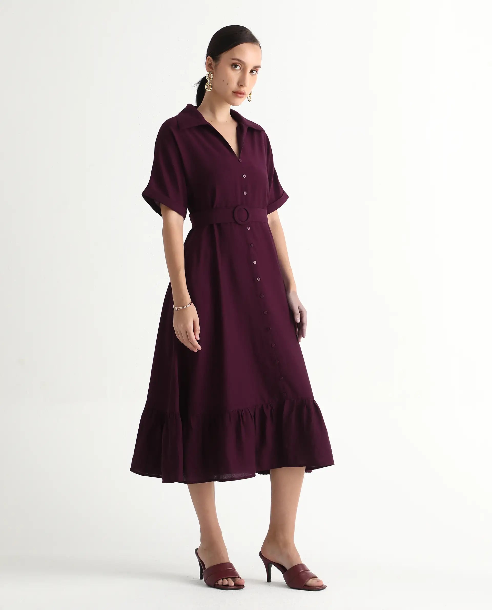 Rareism Women's Elhan Maroon Polyester Extended Sleeves Jonny Collar A-Line Fit Plain Midi Dress