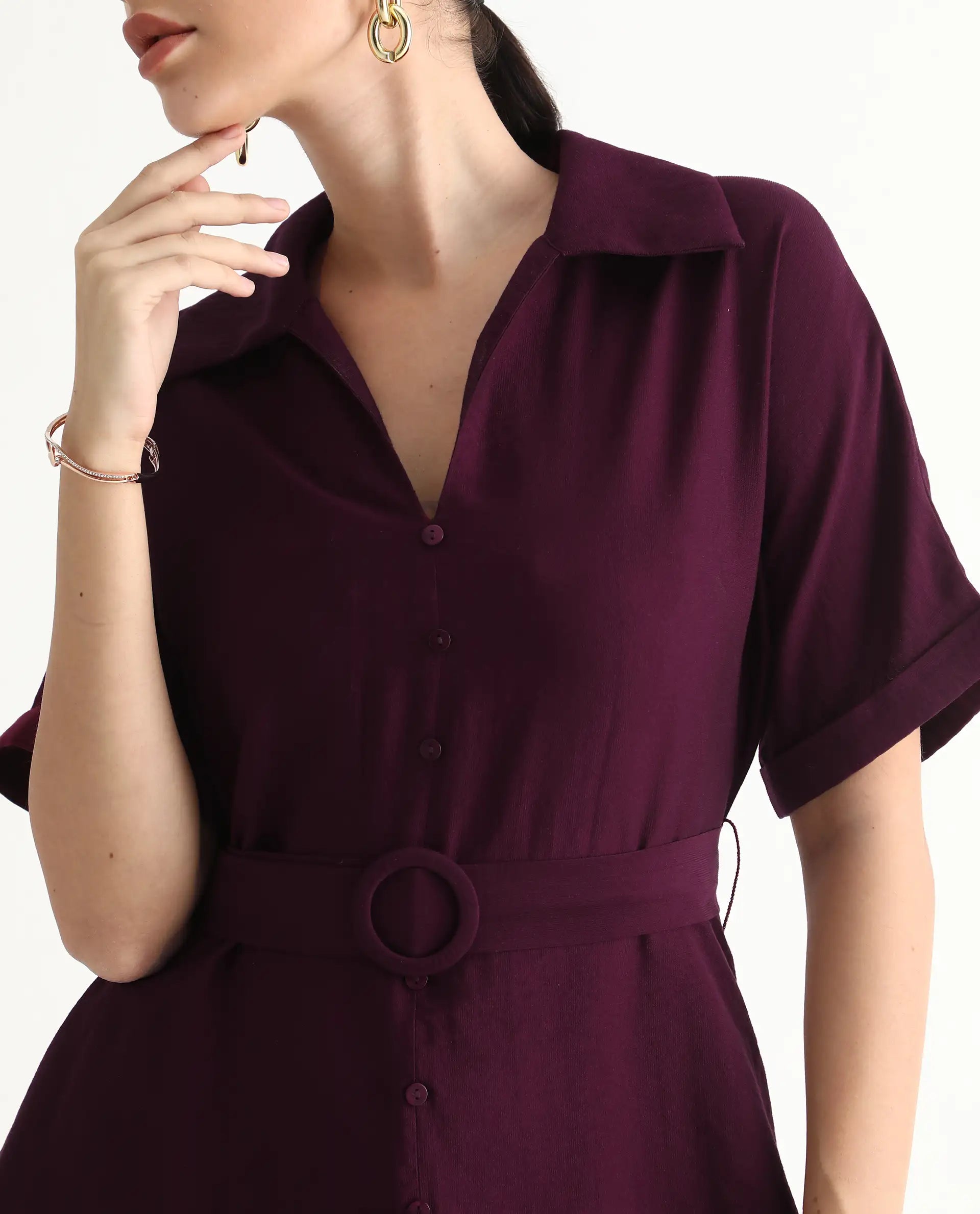 Rareism Women's Elhan Maroon Polyester Extended Sleeves Jonny Collar A-Line Fit Plain Midi Dress