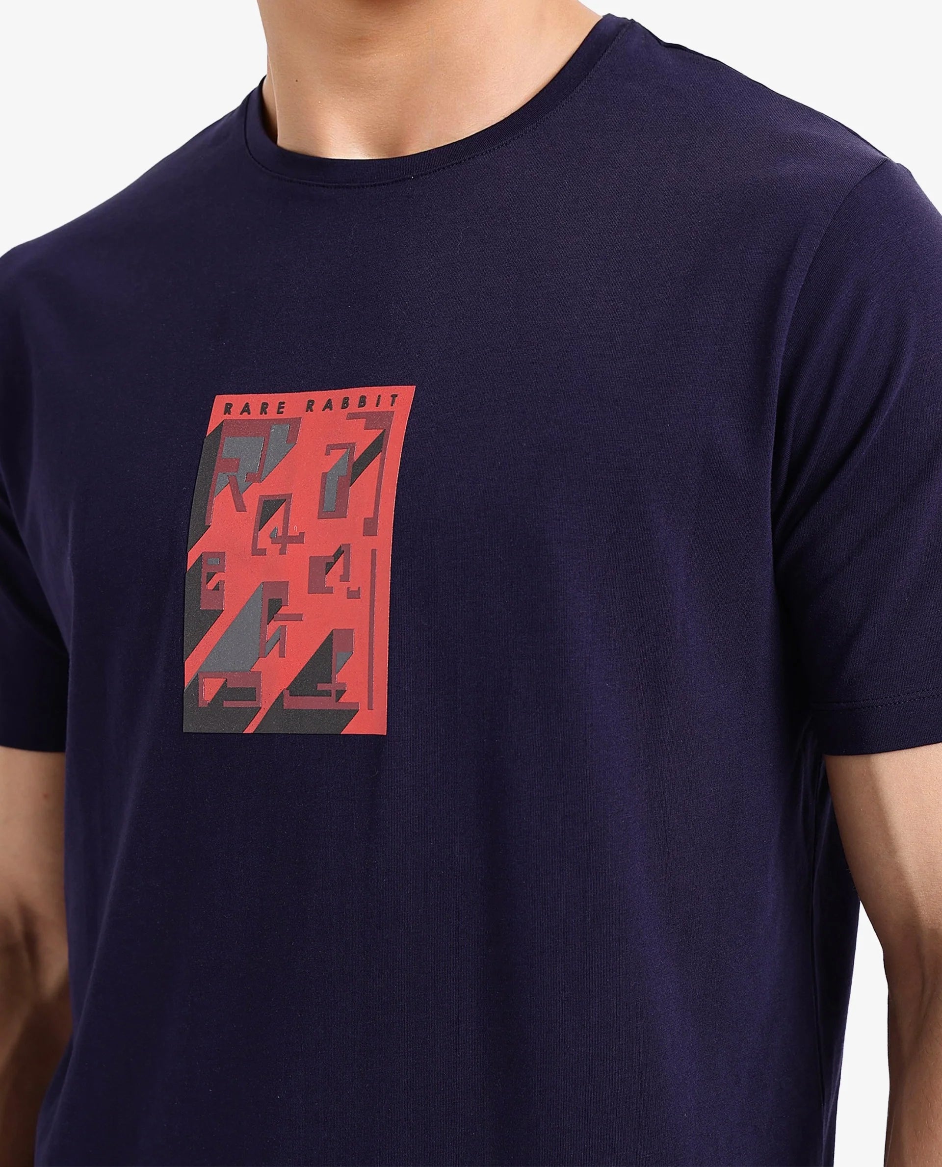 Rare Rabbit Men Elih Navy Cotton Lycra Fabric Short Sleeve Crew Neck Regular Fit Graphic Print T-Shirt