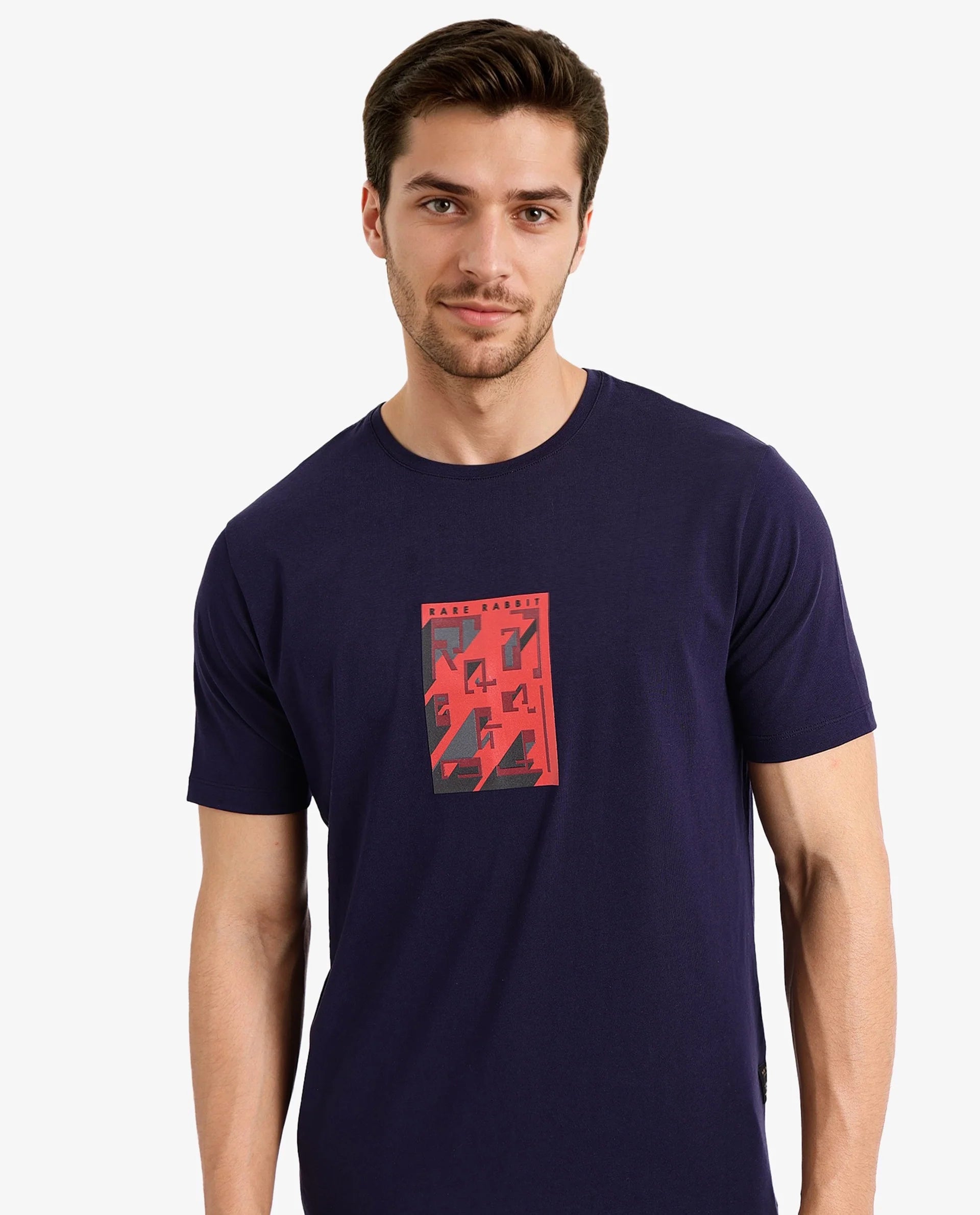 Rare Rabbit Men Elih Navy Cotton Lycra Fabric Short Sleeve Crew Neck Regular Fit Graphic Print T-Shirt