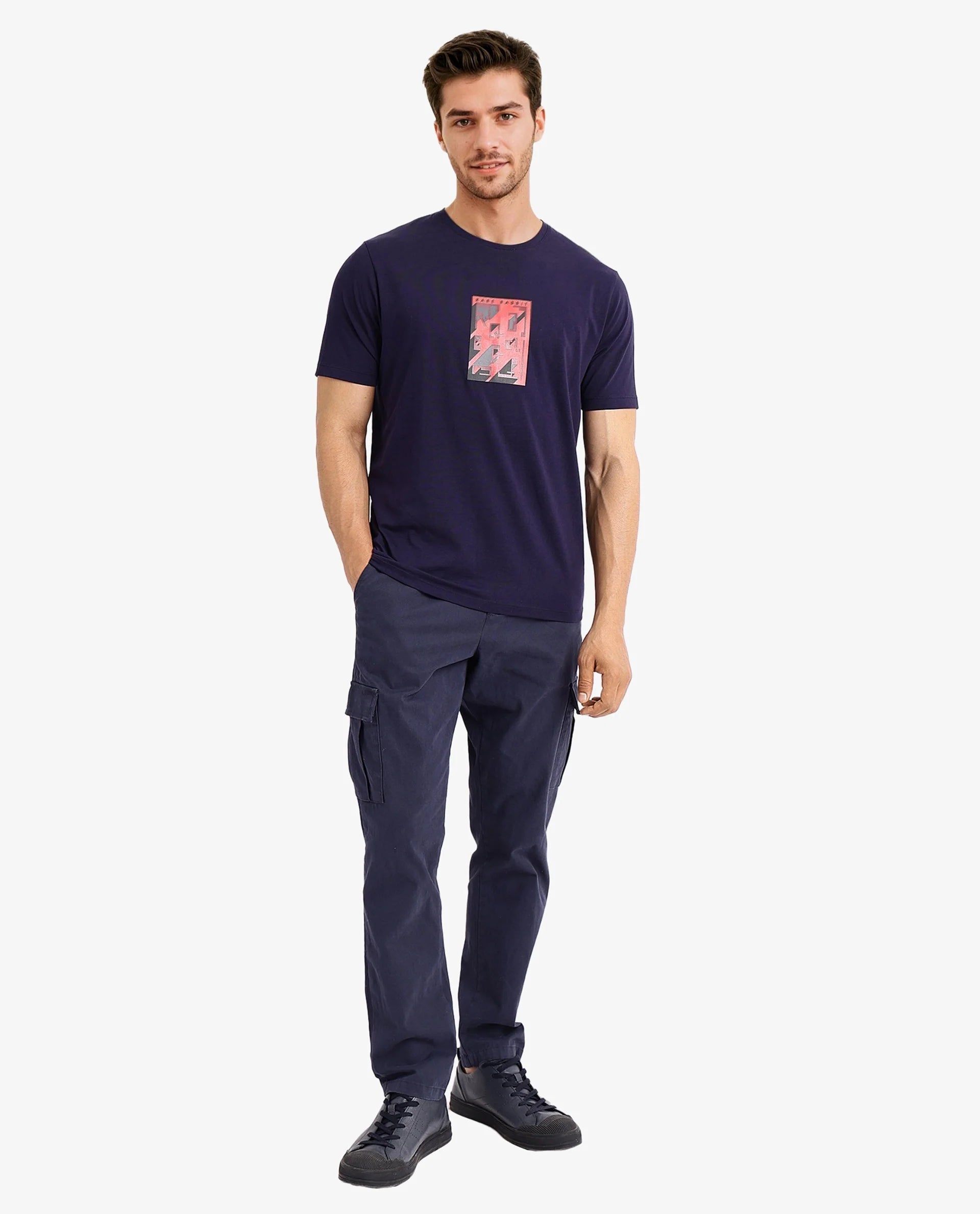 Rare Rabbit Men Elih Navy Cotton Lycra Fabric Short Sleeve Crew Neck Regular Fit Graphic Print T-Shirt