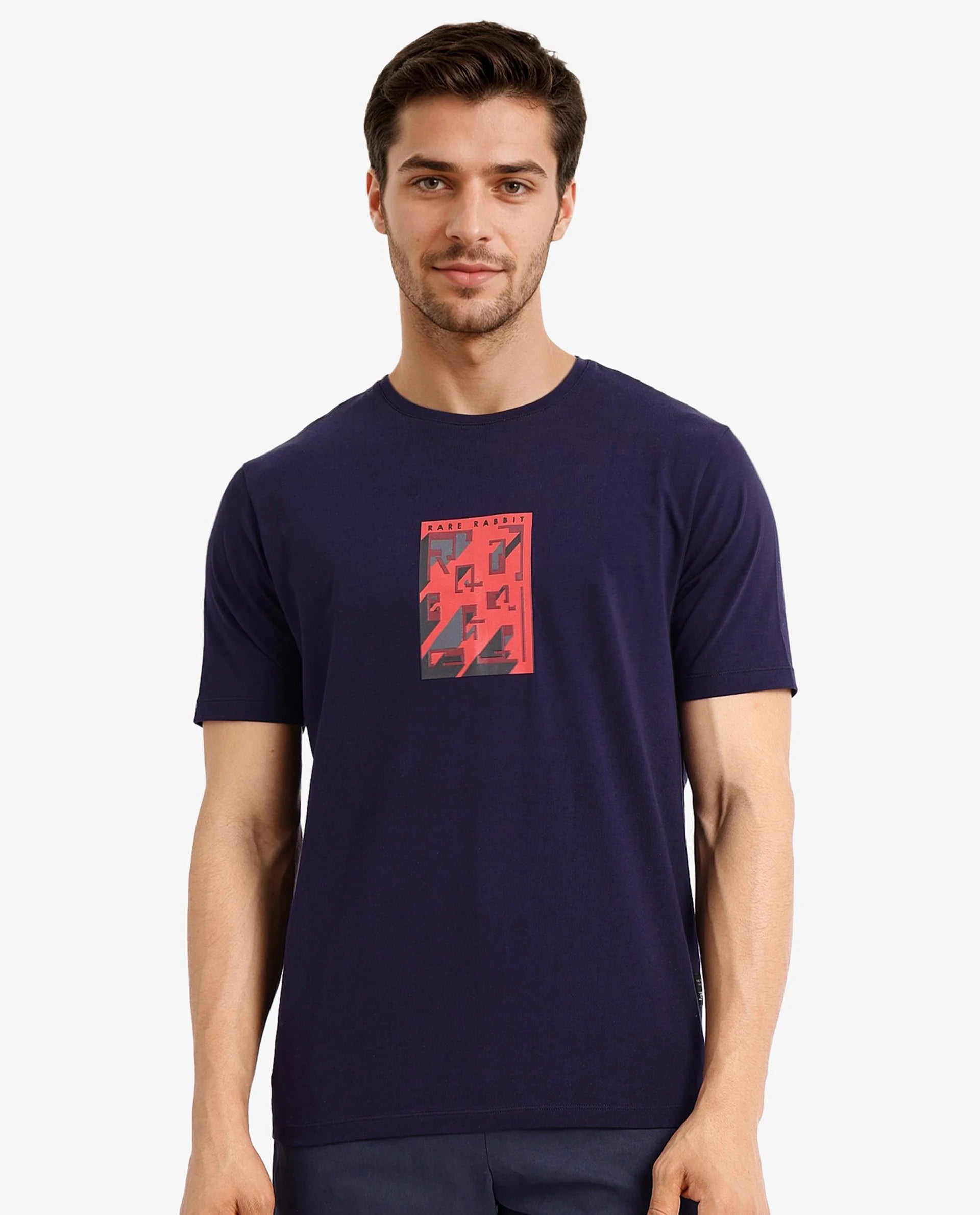 Rare Rabbit Men Elih Navy Cotton Lycra Fabric Short Sleeve Crew Neck Regular Fit Graphic Print T-Shirt