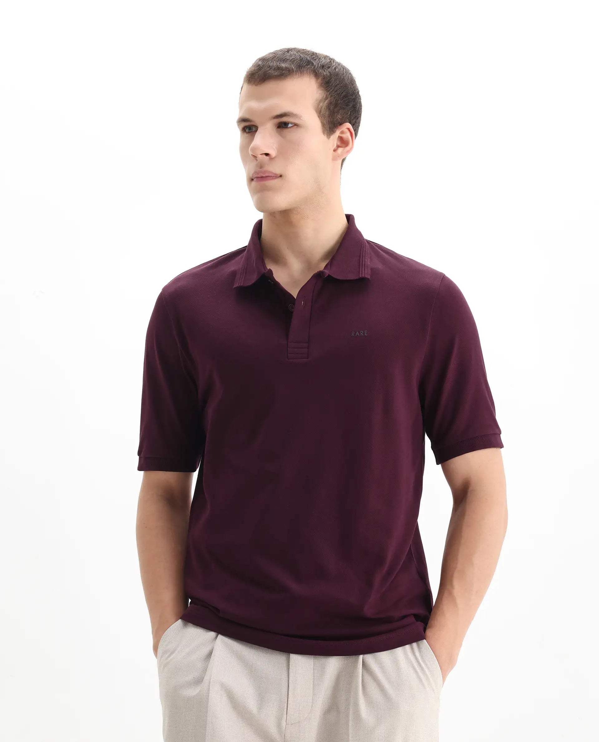 Rare Rabbit Men's Elixir Maroon Cotton Blend Plain Regular Fit Half Sleeve Polo
