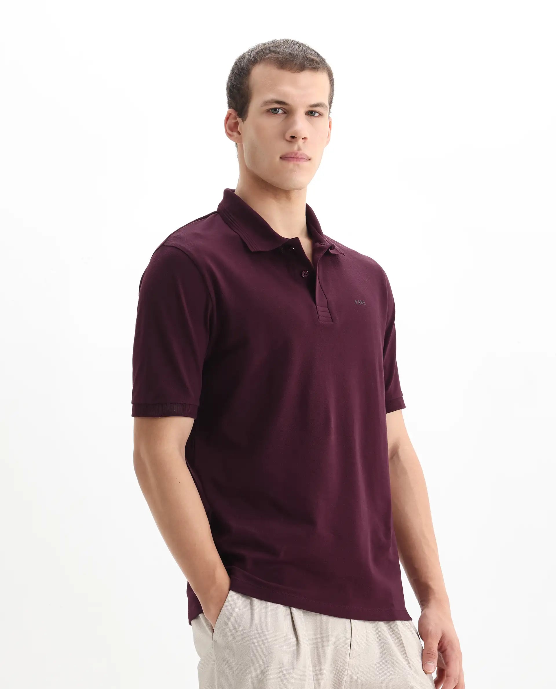 Rare Rabbit Men's Elixir Maroon Cotton Blend Plain Regular Fit Half Sleeve Polo