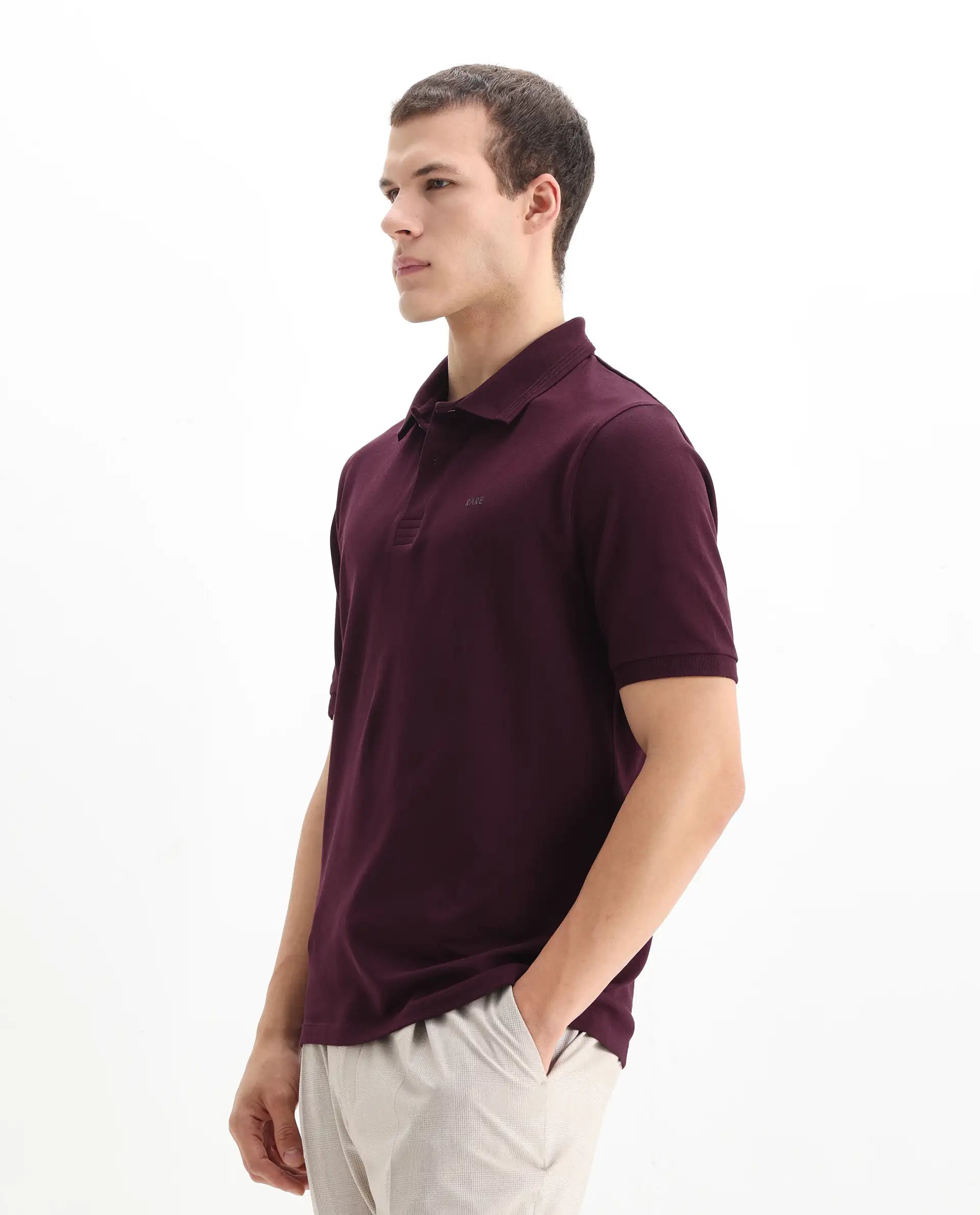 Rare Rabbit Men's Elixir Maroon Cotton Blend Plain Regular Fit Half Sleeve Polo