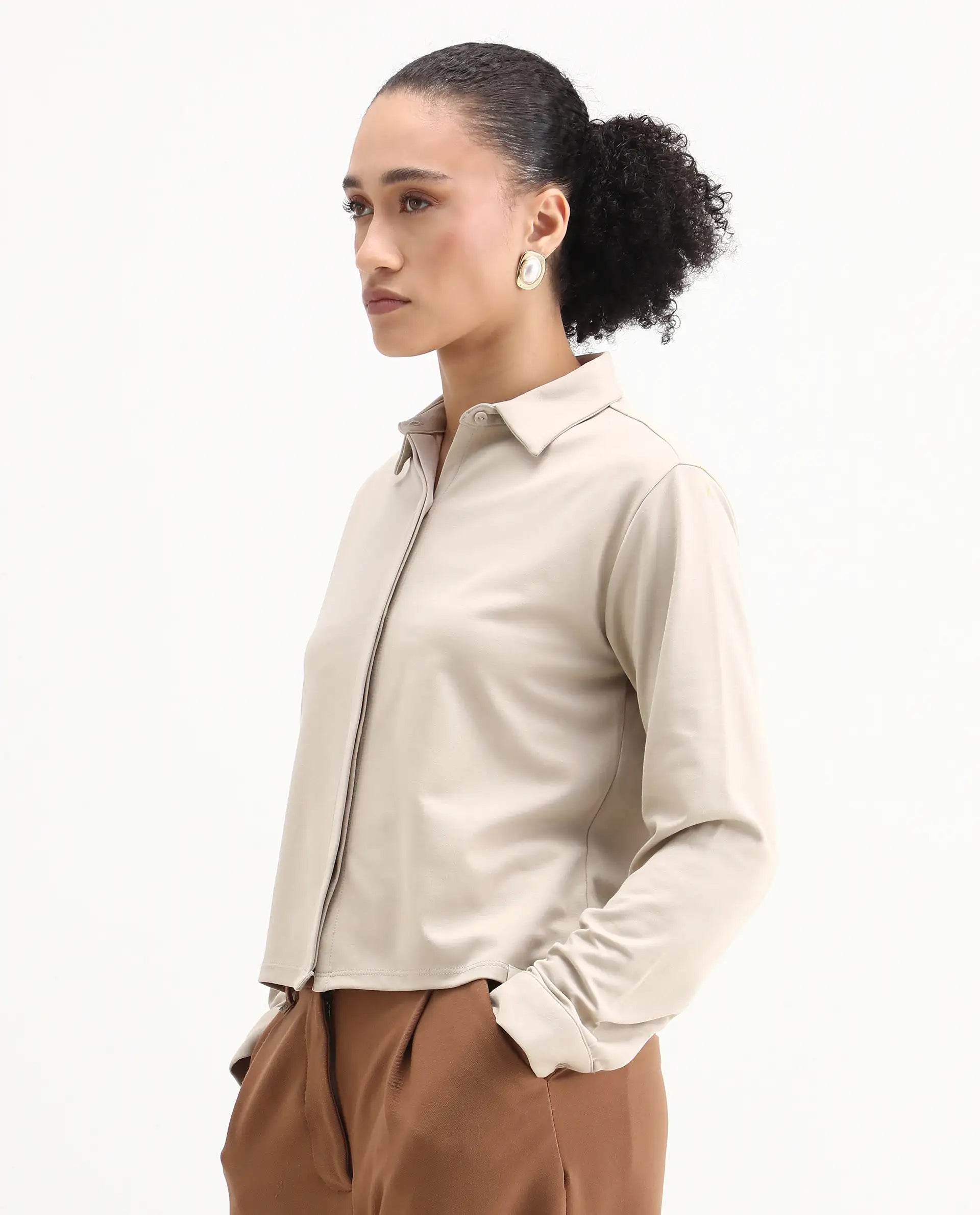 Rareism Women's Ellery Beige Cotton Blend Drop Collar Plain Regular Fit Shirt