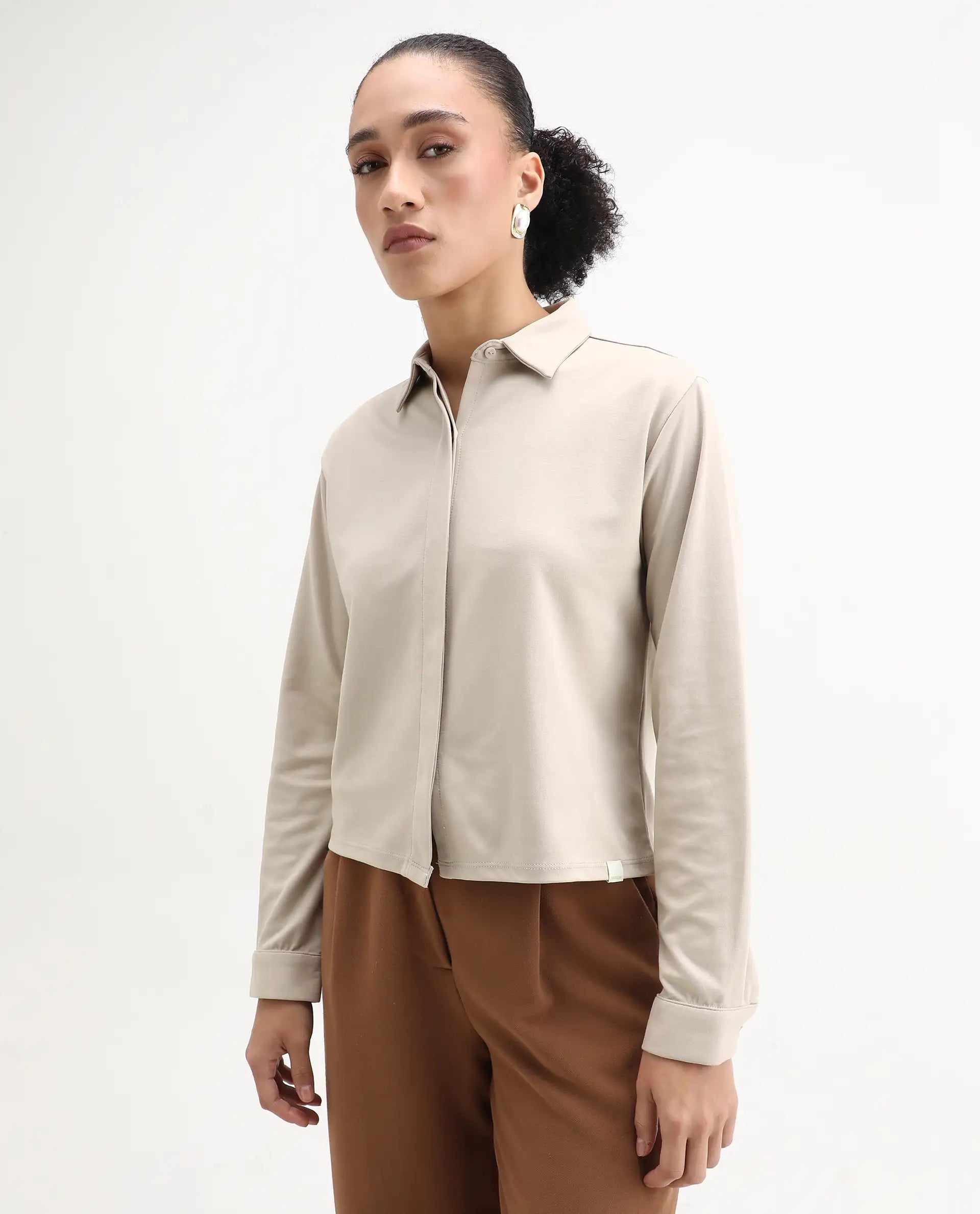 Rareism Women's Ellery Beige Cotton Blend Drop Collar Plain Regular Fit Shirt