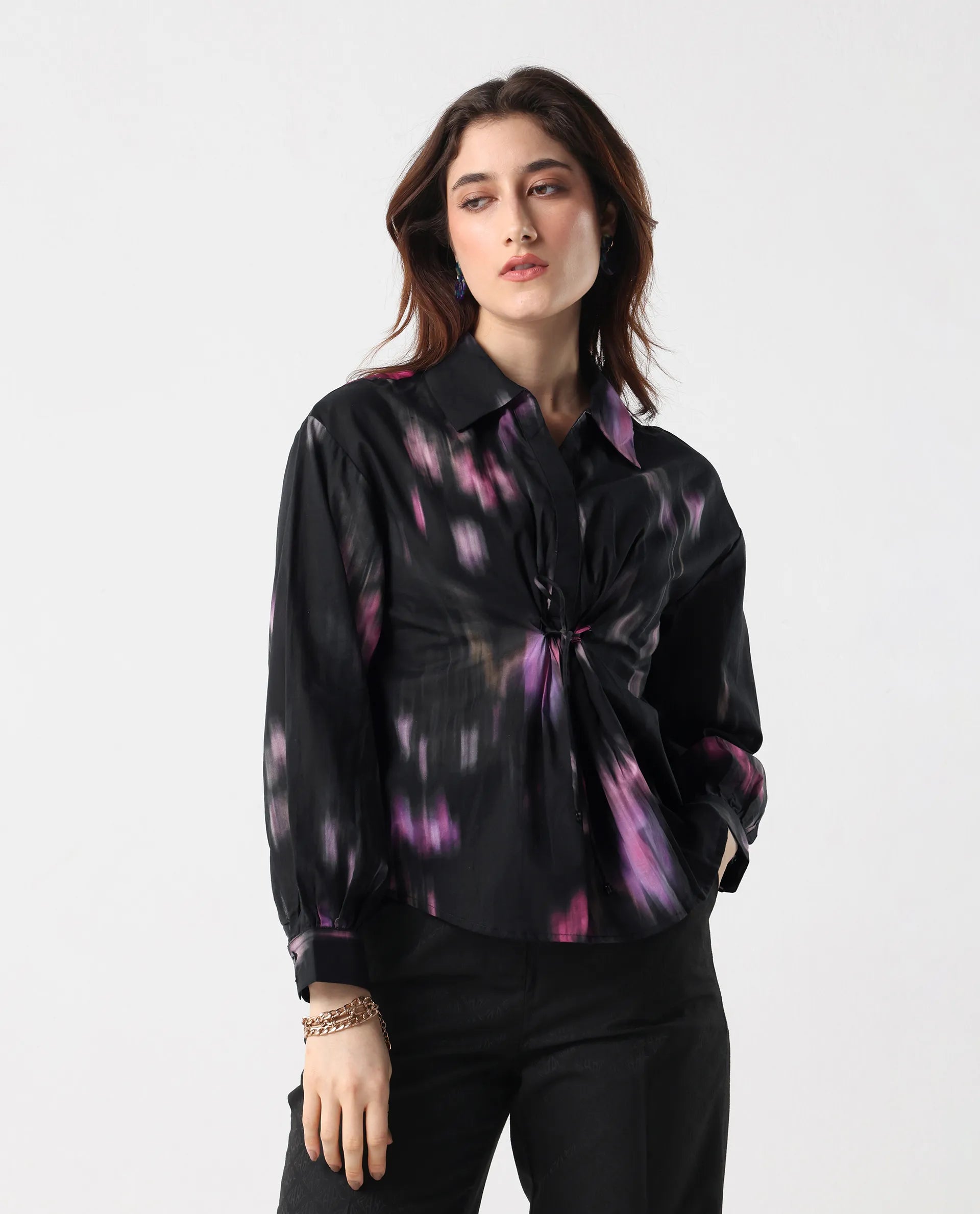 Rareism Women's Ellyn Black Cotton Bishop Sleeve Collared Neck Relaxed Fit Top