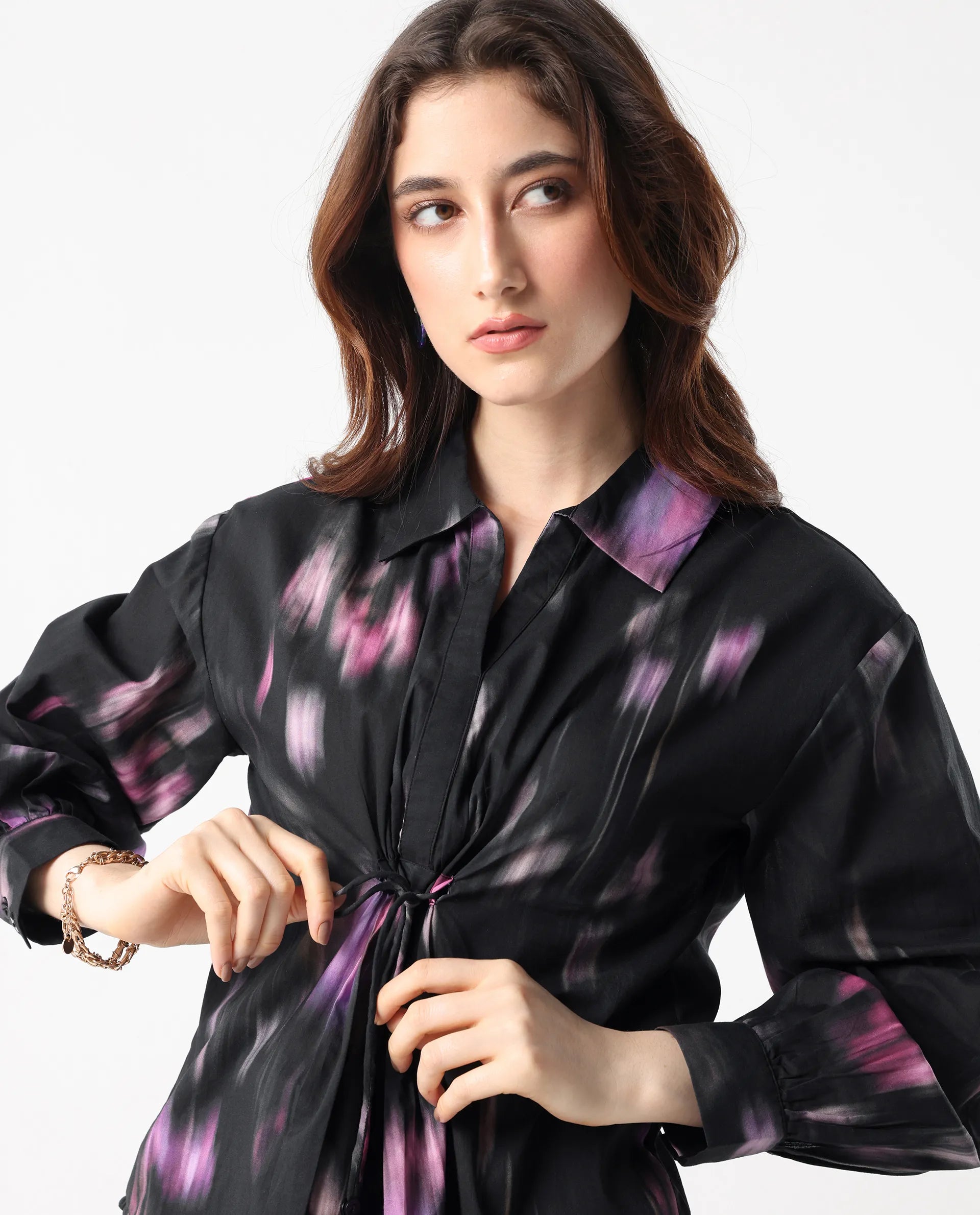 Rareism Women's Ellyn Black Cotton Bishop Sleeve Collared Neck Relaxed Fit Top