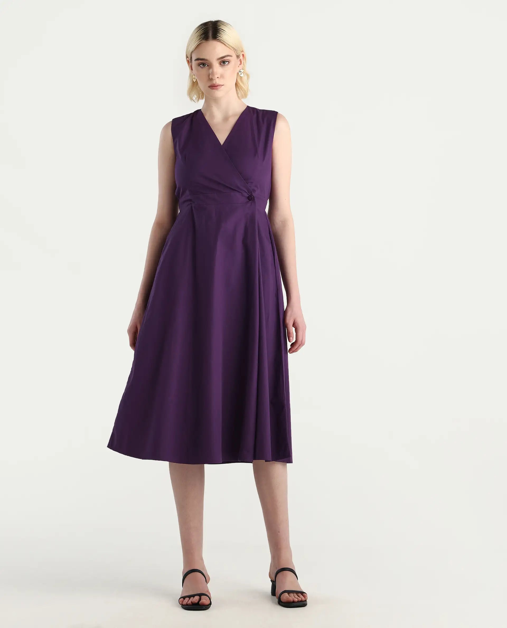 Rareism Women's Elmos Purple Cotton Sleeveless V-Neck A-Line Fit Plain Midi Dress