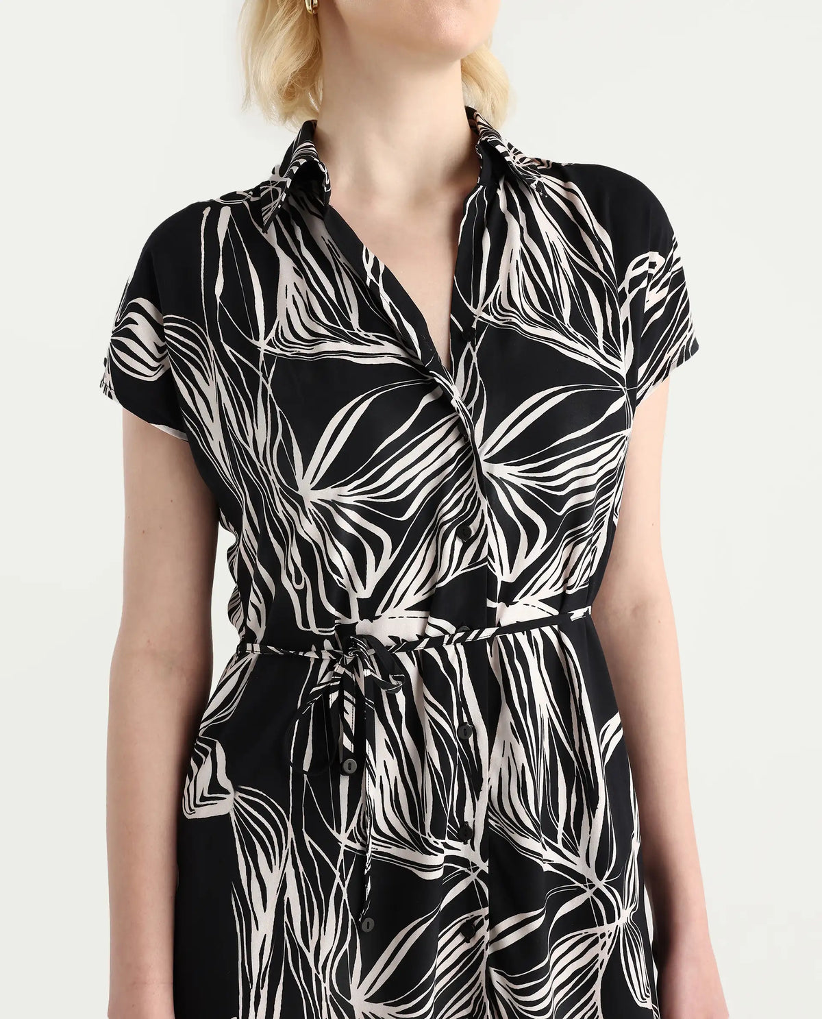 Rareism Women's Eloge Black Viscose Collared Neck A-Line Printed Midi Dress