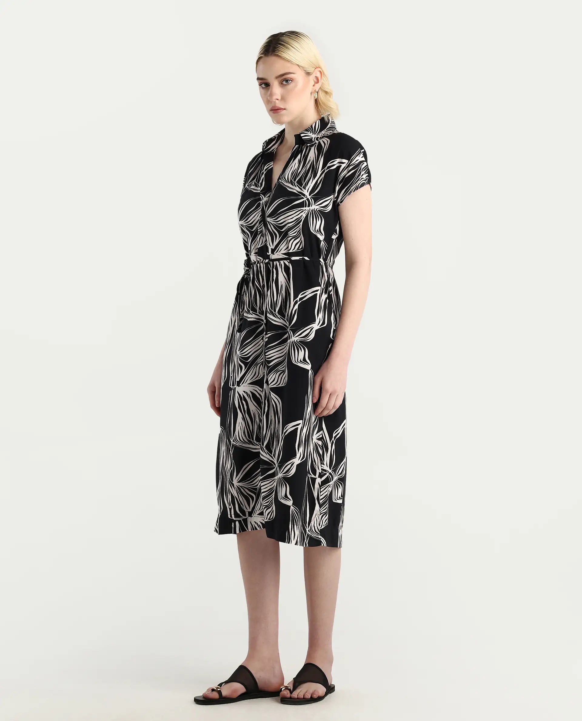 Rareism Women's Eloge Black Viscose Collared Neck A-Line Printed Midi Dress