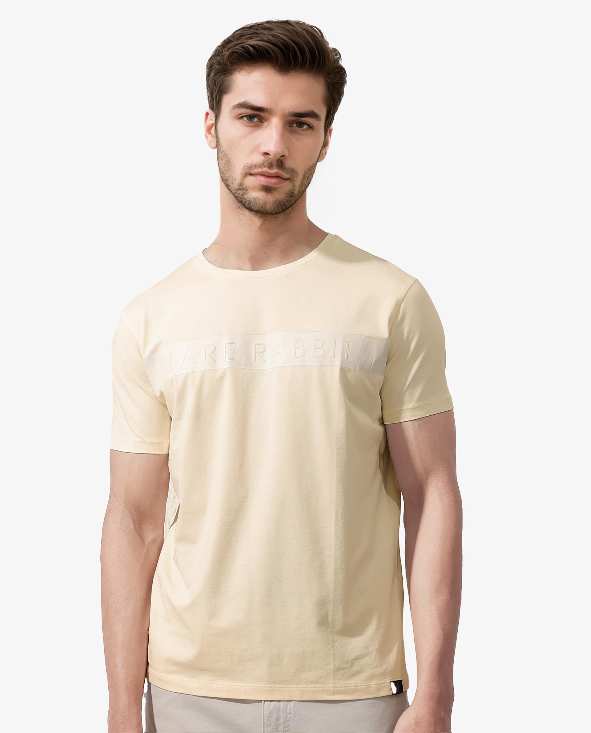 Rare Rabbit Mens Eloise Light Yellow Cotton Lycra Fabric Half Sleeves Graphic Print T-Shirt