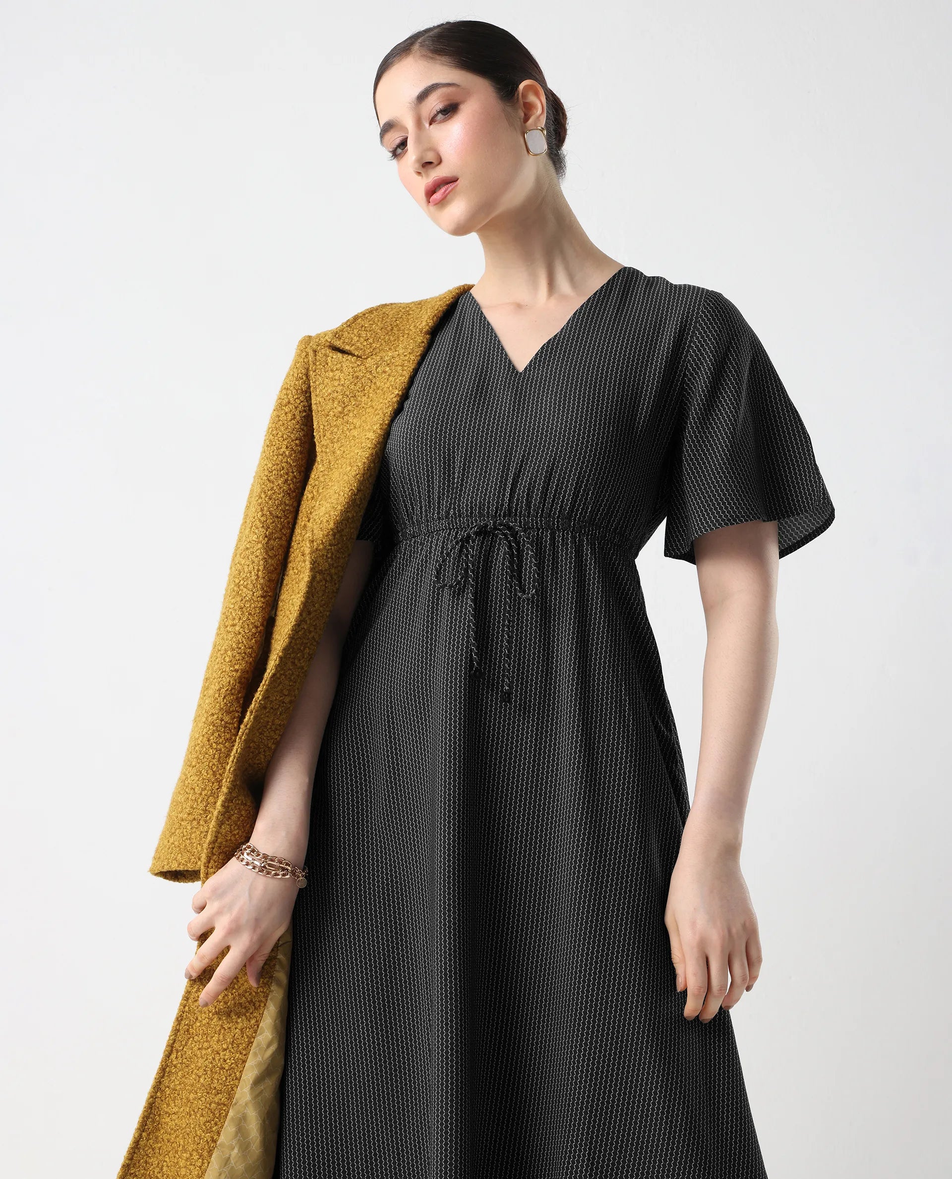 Rareism Women's Eloys Black Viscose V-Neck Flared Printed Midi Dress