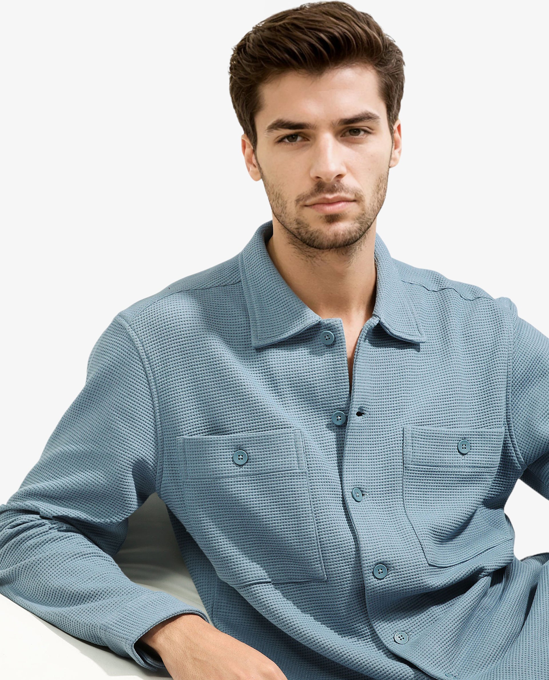 Rare Rabbit Men's Elric Dusky Teal Plain Regular Collar Waffle Knit Shacket