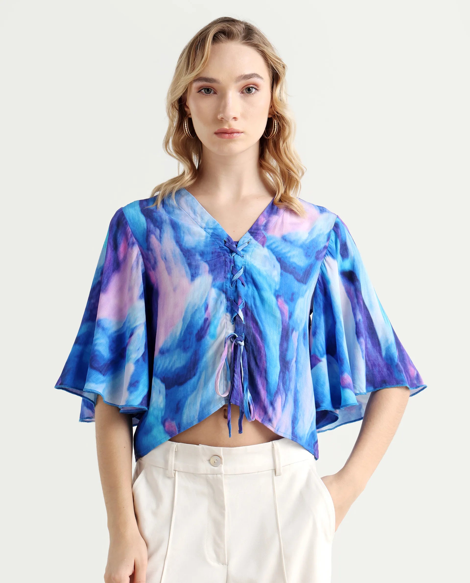 Rareism Women's Eltop Blue Polyester V-Neck Abstract Print Flared Sleeve Crop Relaxed Fit Top