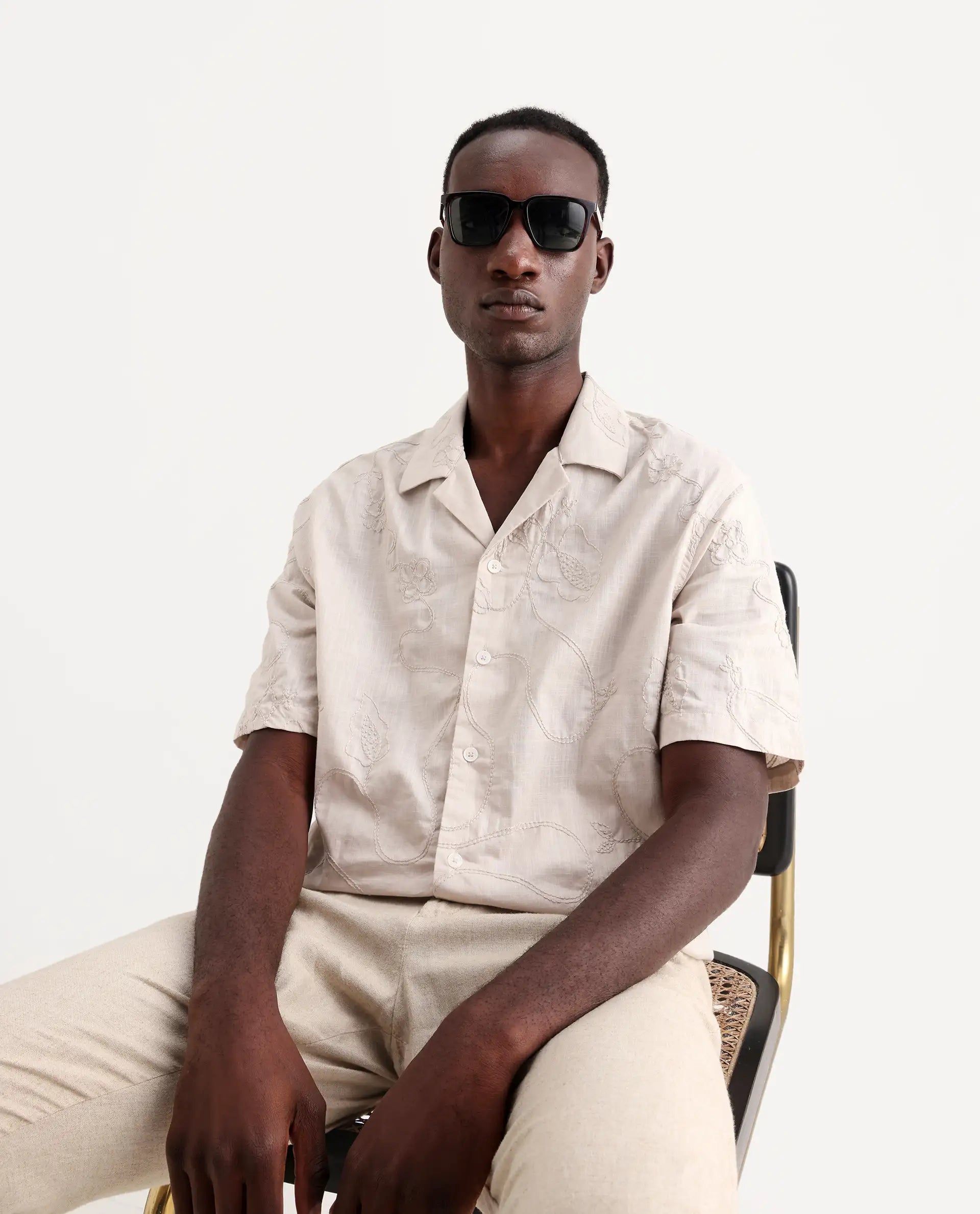 Rare Rabbit Men's Embi Beige Cotton Embroidered Boxy Fit Half Sleeve Cuban Collar Shirt