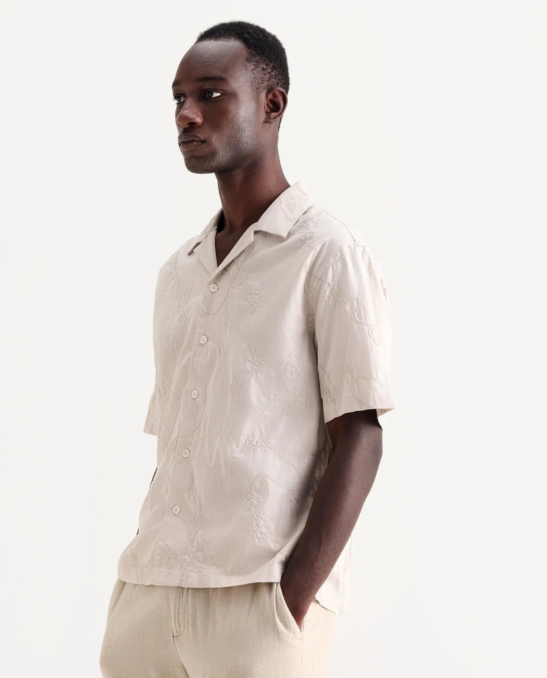 Rare Rabbit Men's Embi Beige Cotton Embroidered Boxy Fit Half Sleeve Cuban Collar Shirt