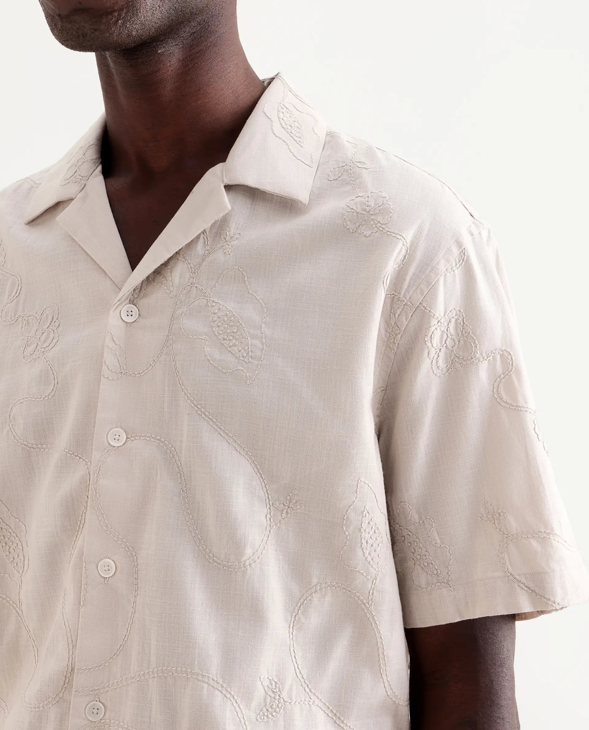 Rare Rabbit Men's Embi Beige Cotton Embroidered Boxy Fit Half Sleeve Cuban Collar Shirt