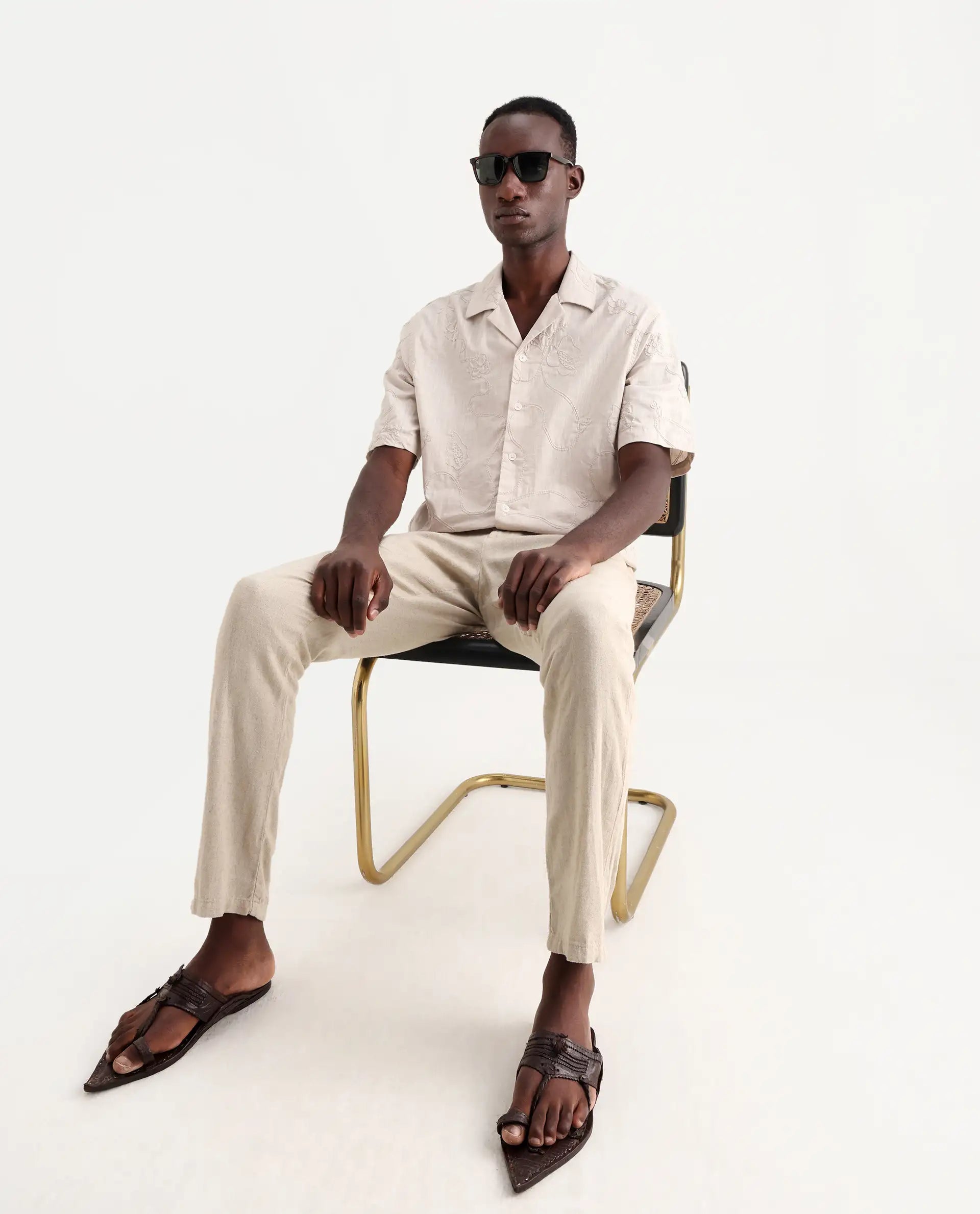 Rare Rabbit Men's Embi Beige Cotton Embroidered Boxy Fit Half Sleeve Cuban Collar Shirt