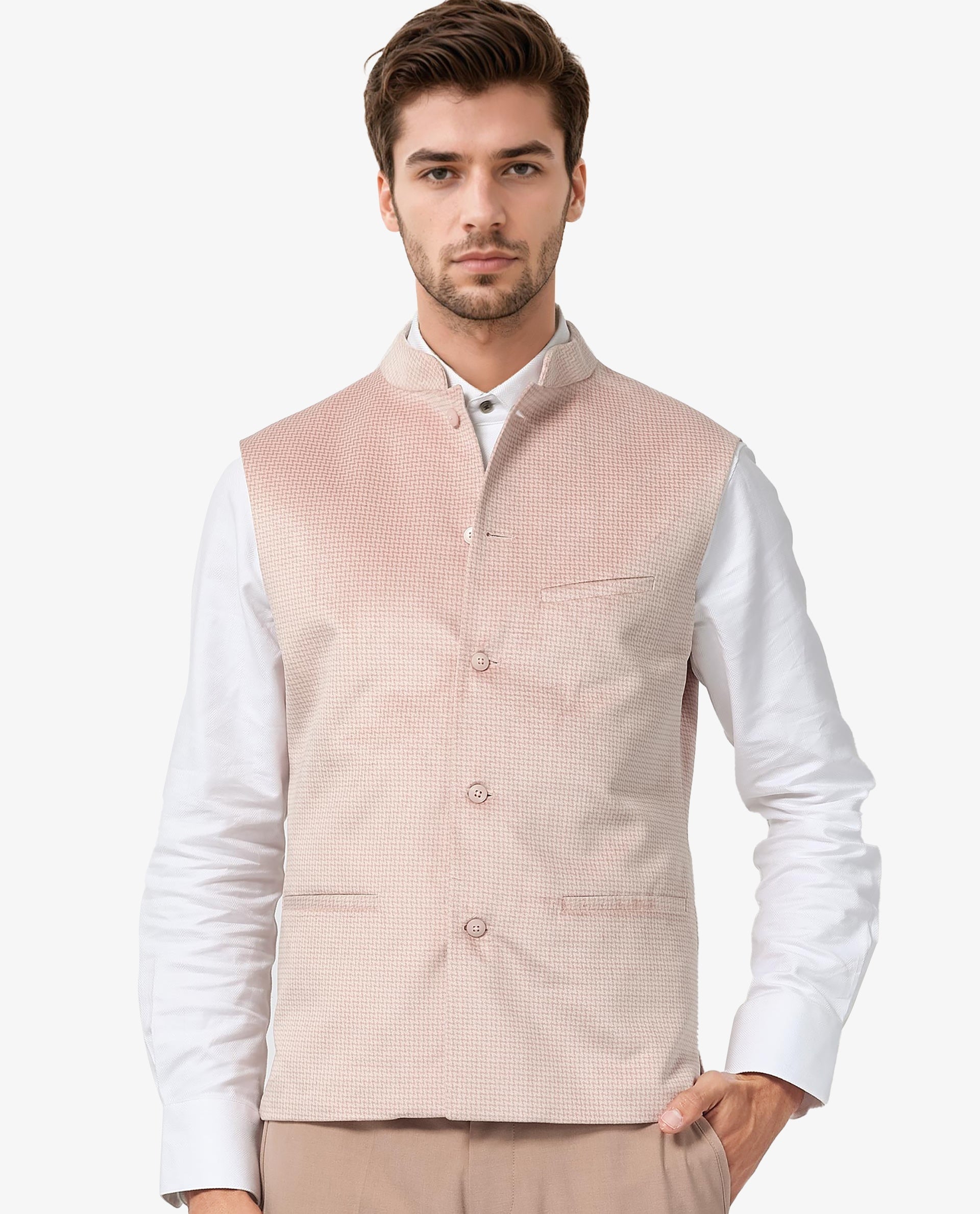 Rare Rabbit Men's Emerald Light Pink Mandarin Collar Sleeveless Textured Velvet Bandi