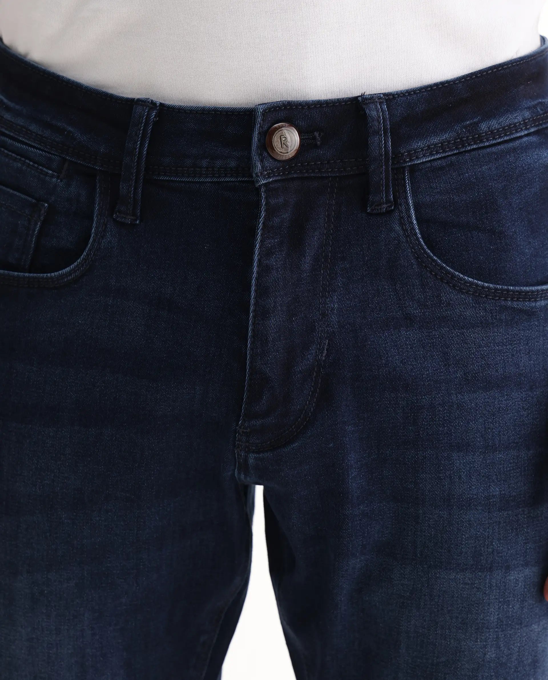 Rare Rabbit Men's Emil Dark Blue Cotton Blend Plain Hawk Slim Fit Jeans