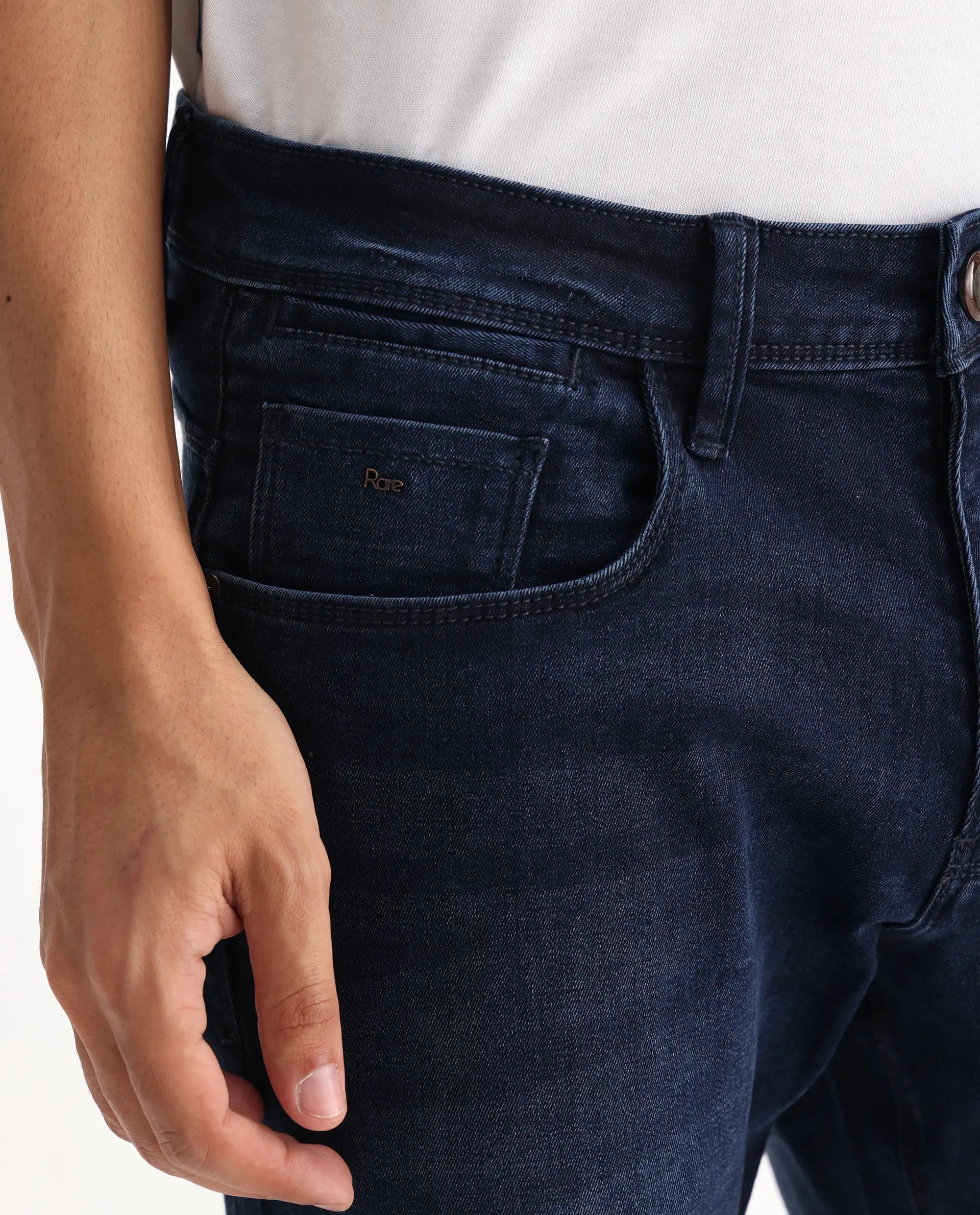 Rare Rabbit Men's Emil Dark Blue Cotton Blend Plain Hawk Slim Fit Jeans