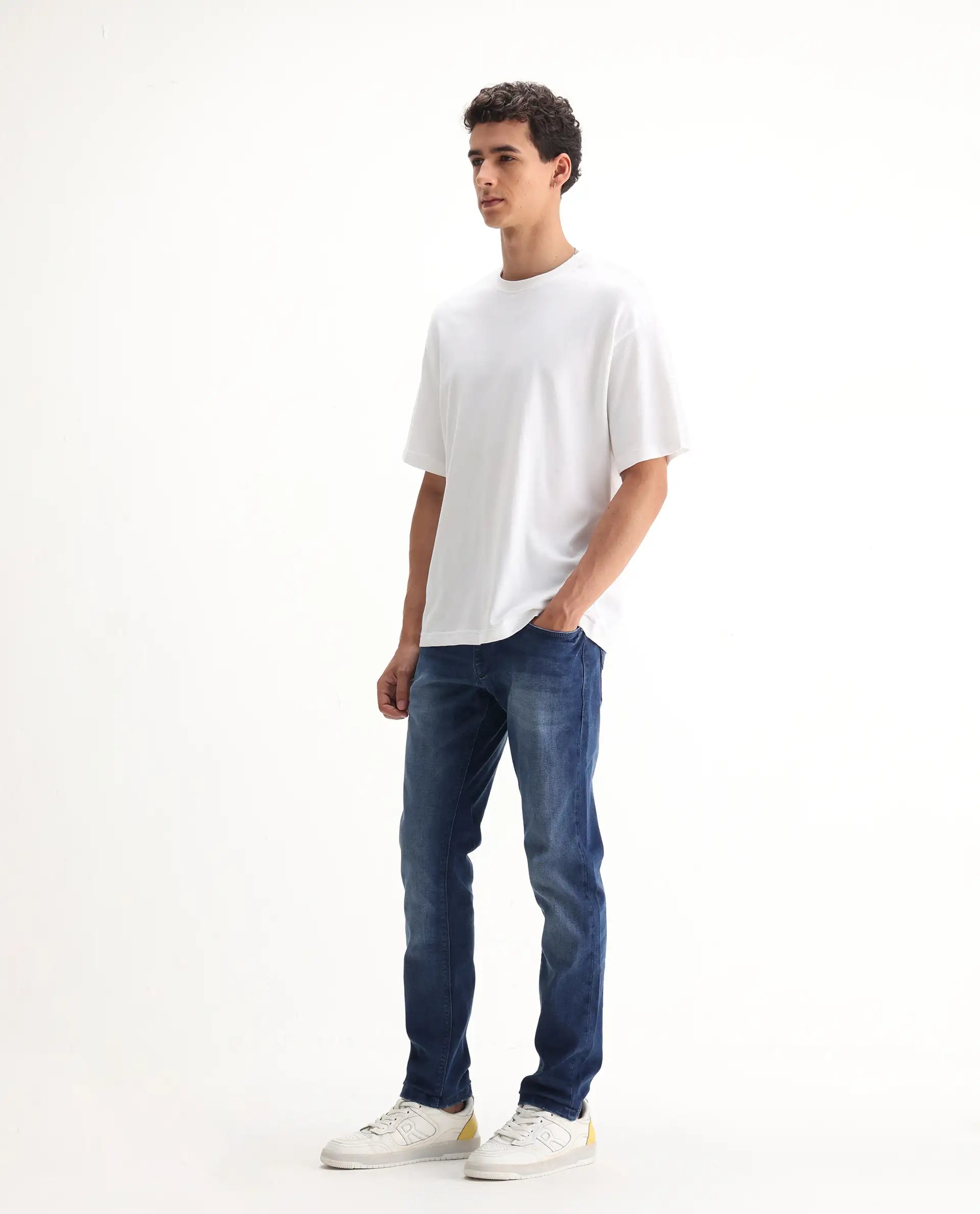 Rare Rabbit Men's Emilem Light Blue Cotton Blend Plain Hawk Slim Fit Jeans