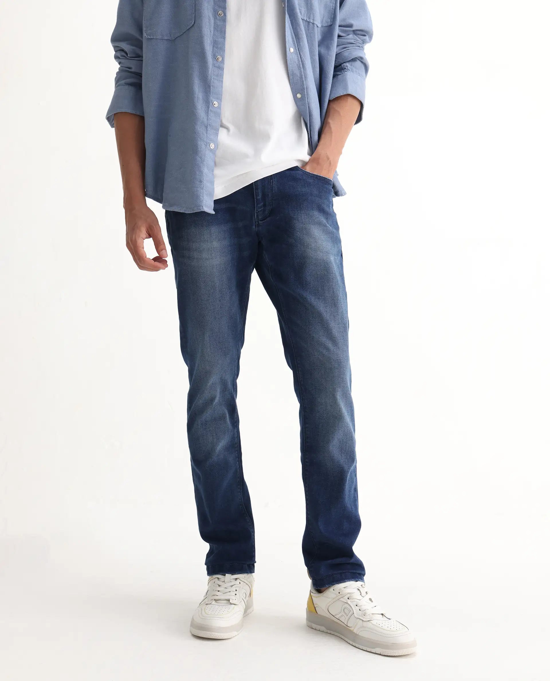 Rare Rabbit Men's Emilem Light Blue Cotton Blend Plain Hawk Slim Fit Jeans