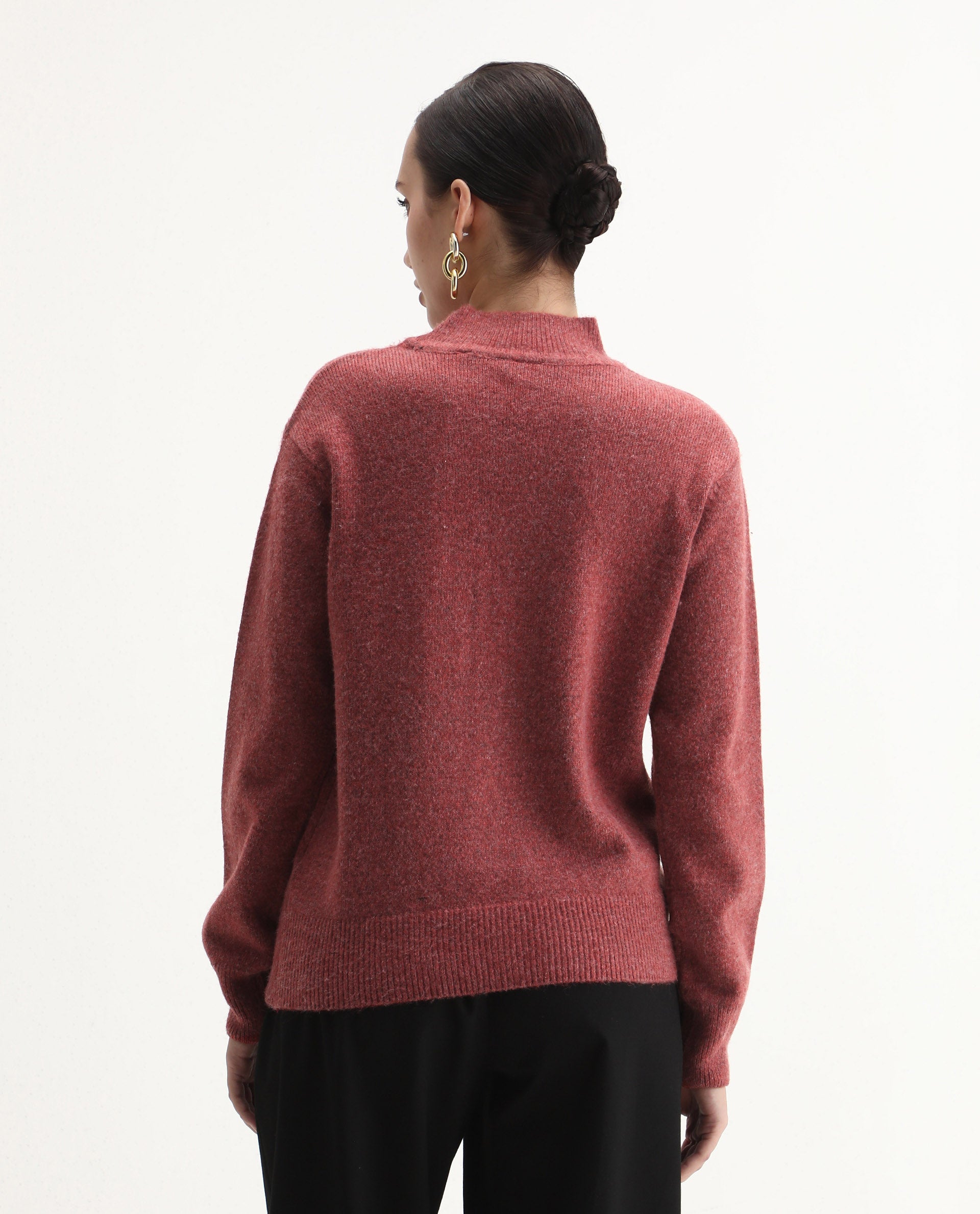 Rareism Women's Emmy Dark Rust Acrylic Blend High Neck Relaxed Fit Sweater