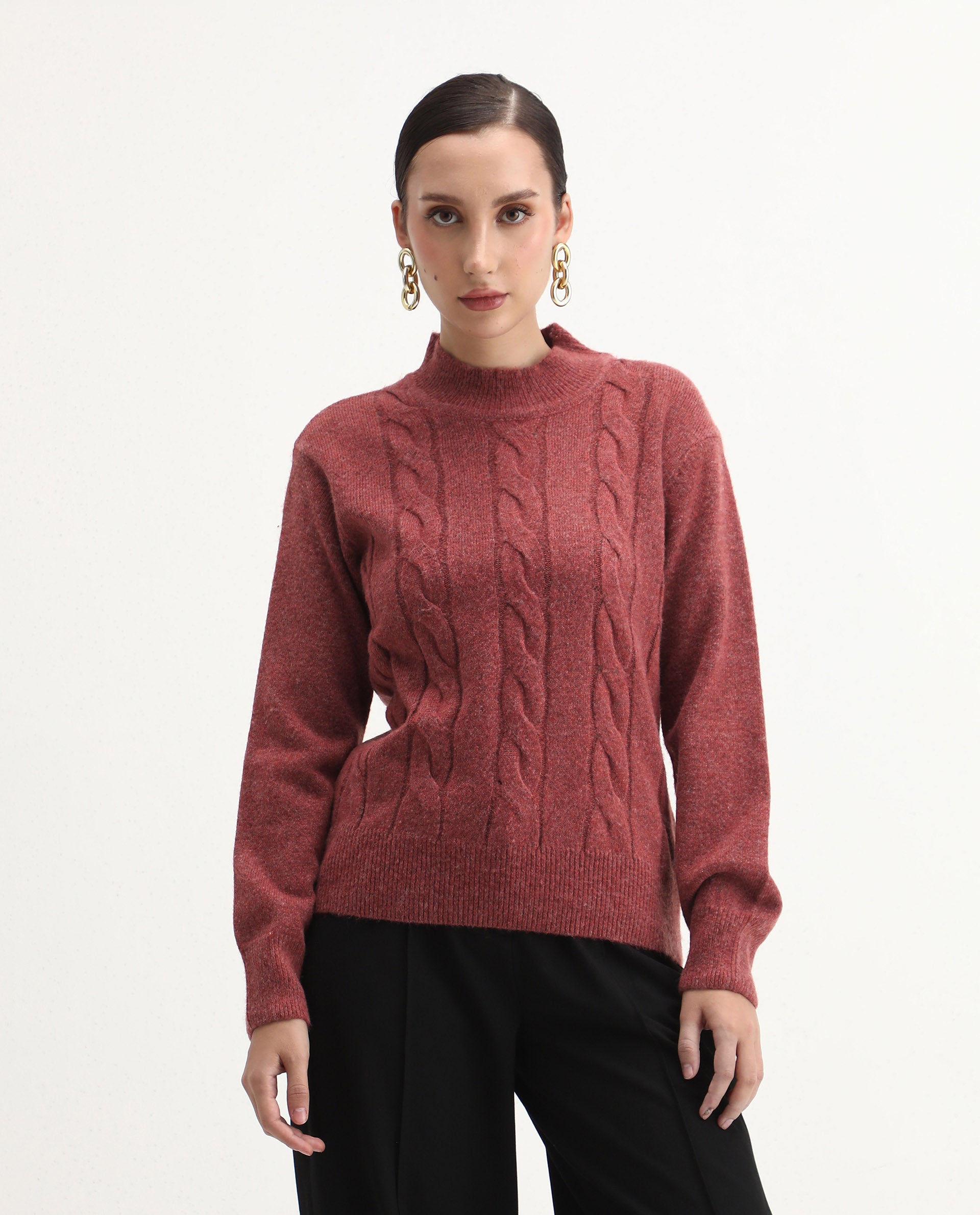 Rareism Women's Emmy Dark Rust Acrylic Blend High Neck Relaxed Fit Sweater
