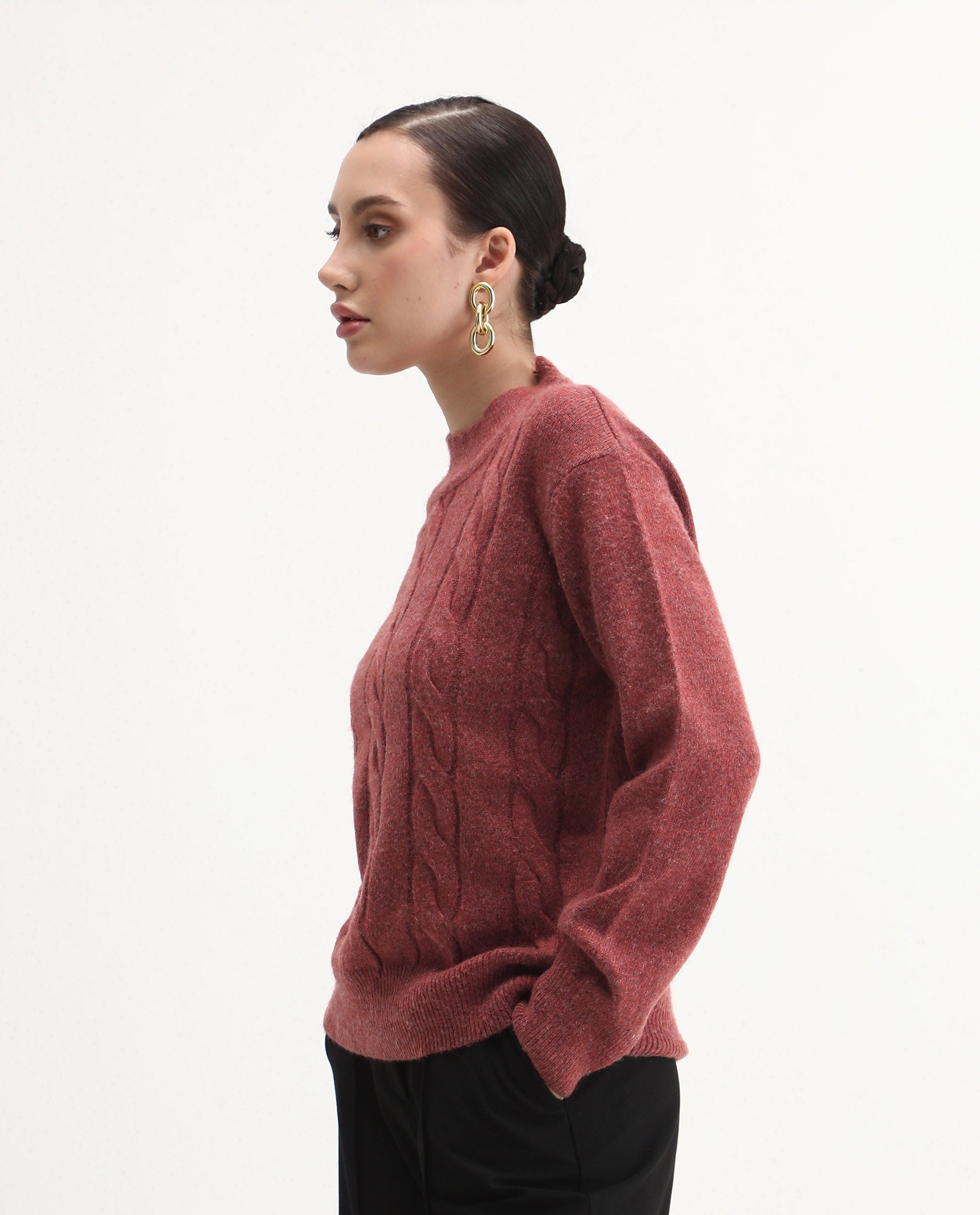 Rareism Women's Emmy Dark Rust Acrylic Blend High Neck Relaxed Fit Sweater