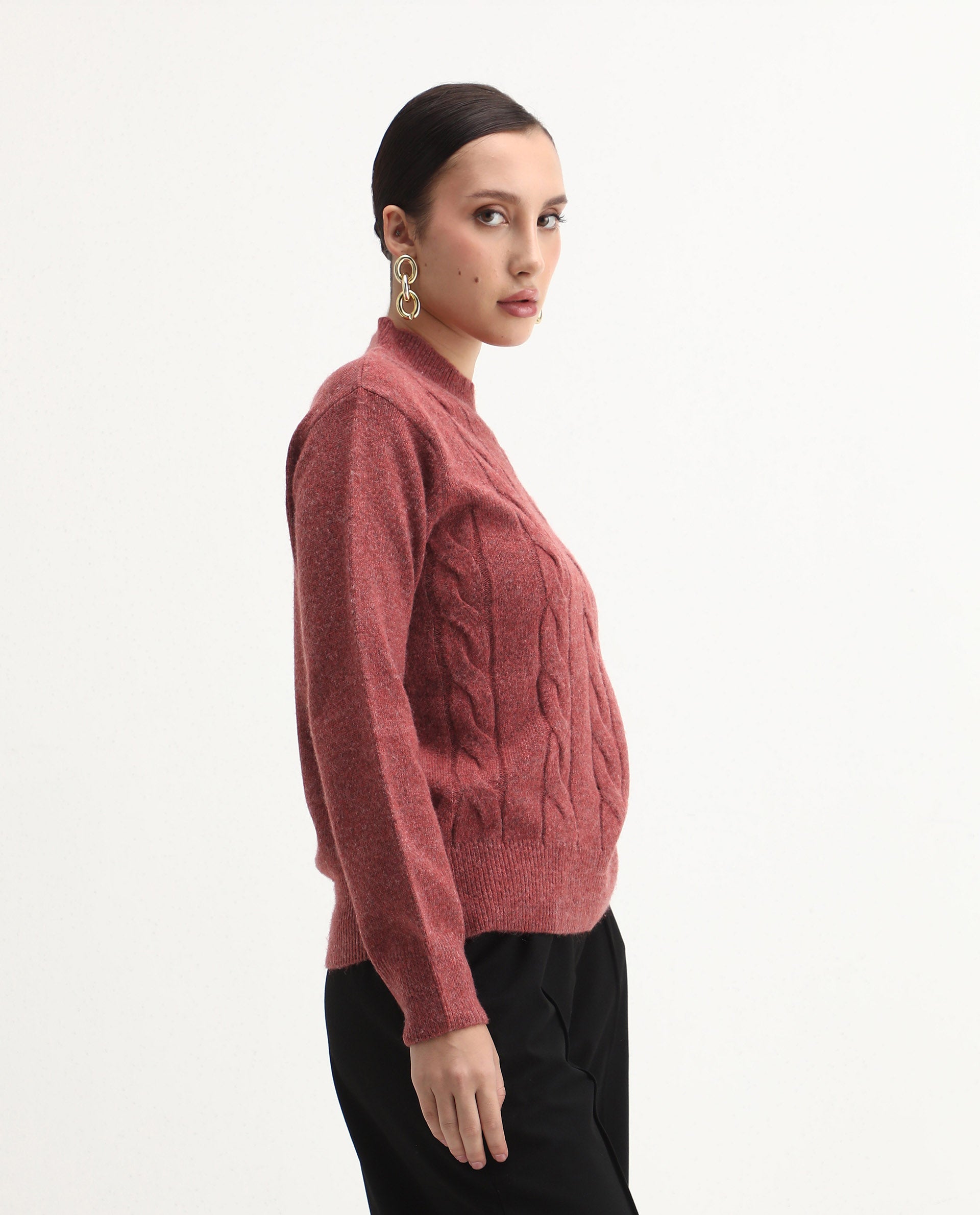 Rareism Women's Emmy Dark Rust Acrylic Blend High Neck Relaxed Fit Sweater