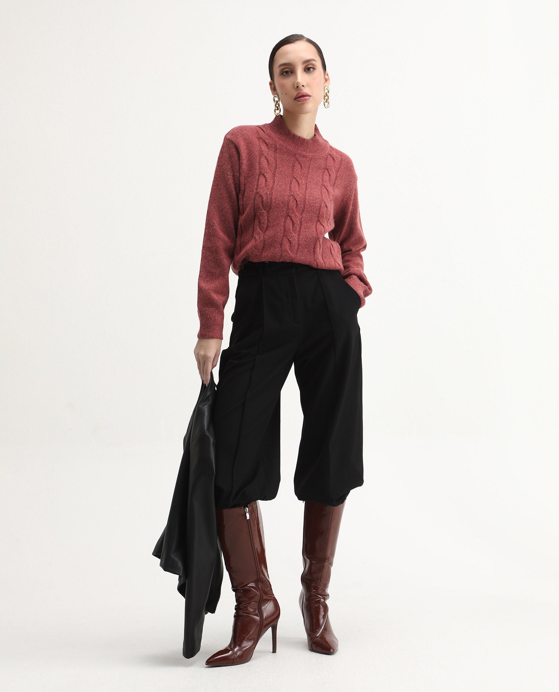 Rareism Women's Emmy Dark Rust Acrylic Blend High Neck Relaxed Fit Sweater