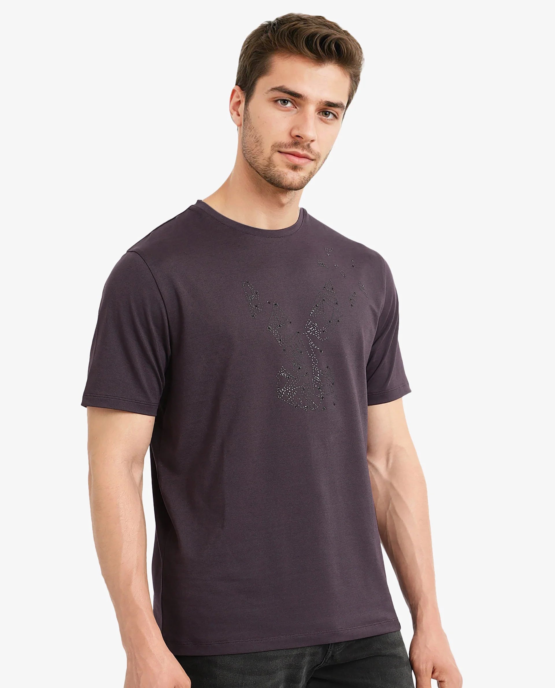 Rare Rabbit Men Emon Dark Purple Cotton Lycra Fabric Short Sleeve Crew Neck Regular Fit Graphic Logo Print T-Shirt