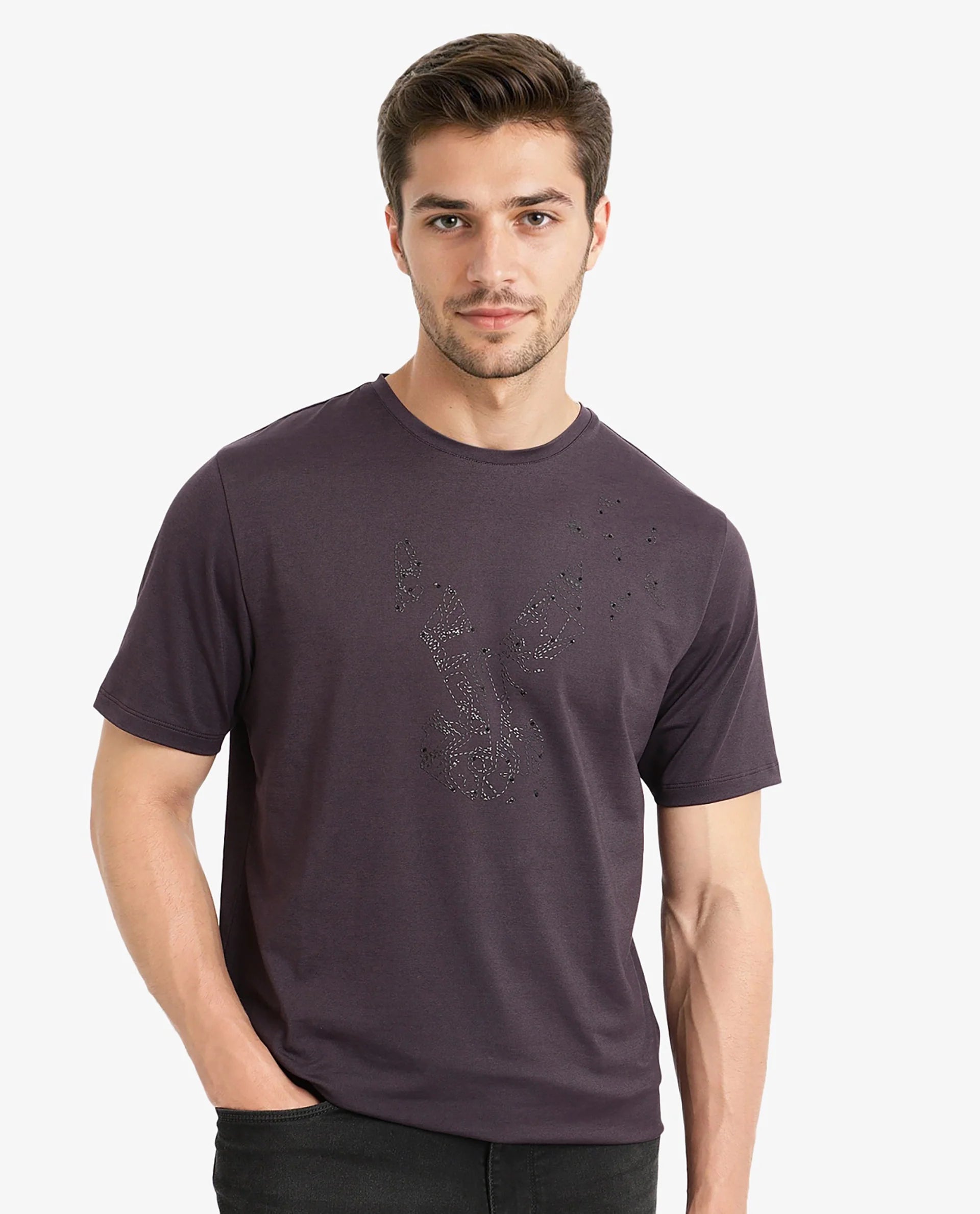 Rare Rabbit Men Emon Dark Purple Cotton Lycra Fabric Short Sleeve Crew Neck Regular Fit Graphic Logo Print T-Shirt