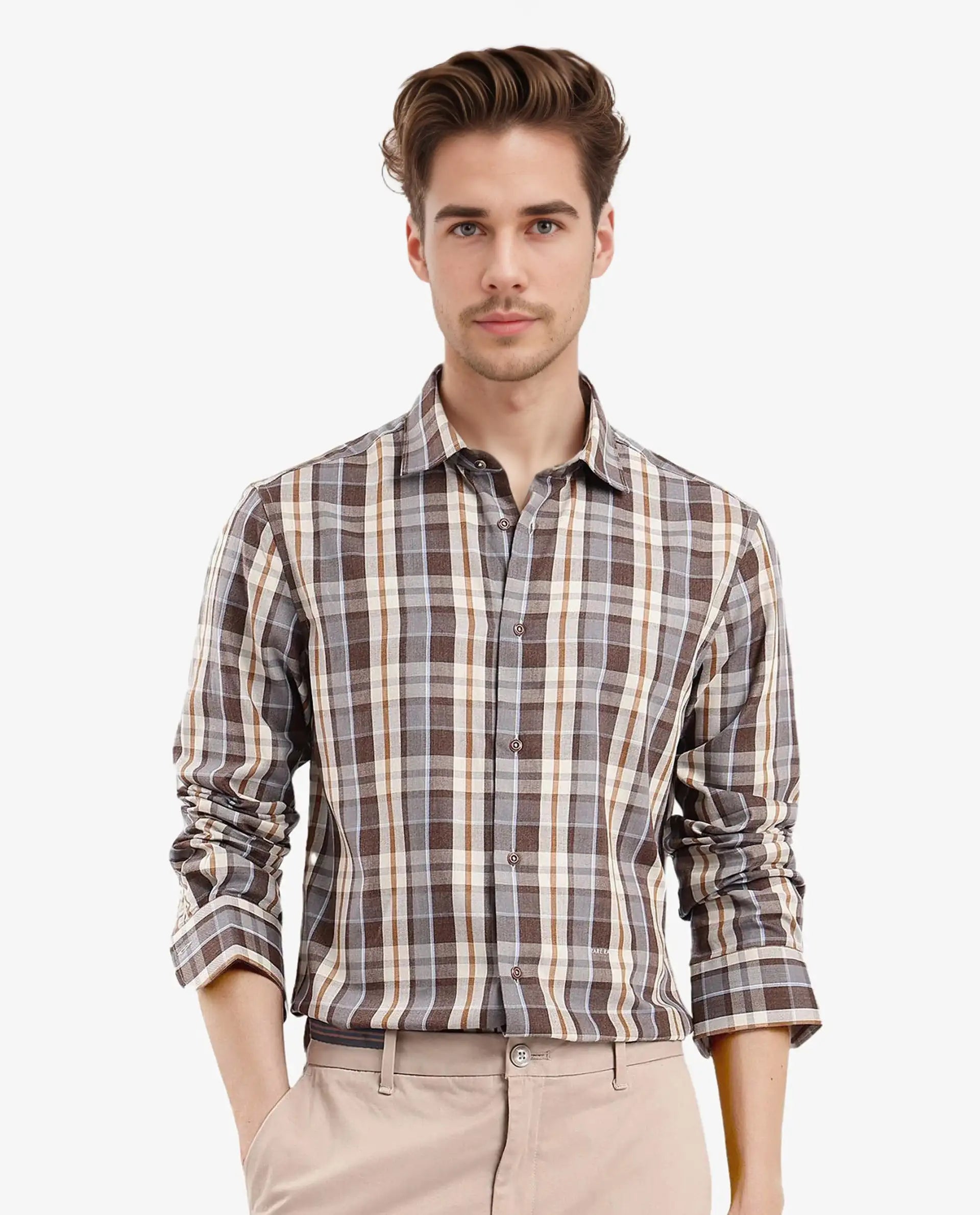 Rare Rabbit Men's Endel Brown Cotton Checked Print Regular Fit Full Sleeve Collared Shirt