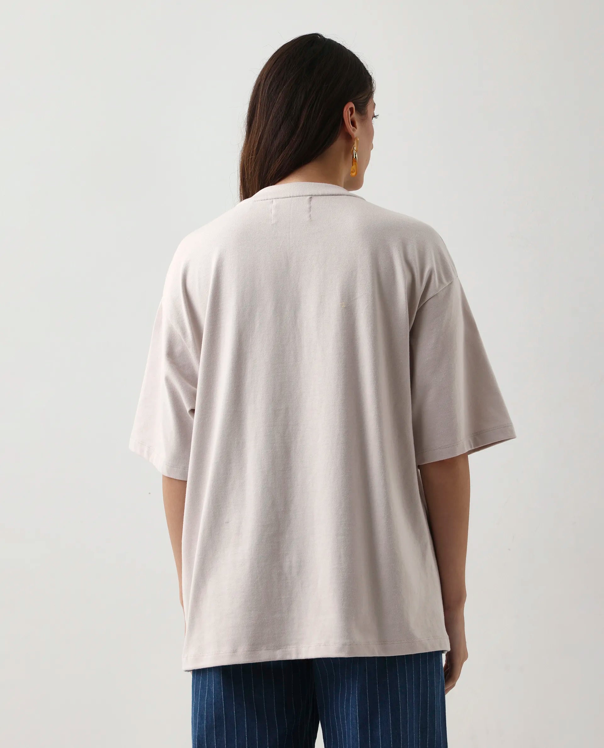 Rareism Women's Enof Beige Cotton Graphic Print Oversized T-Shirt