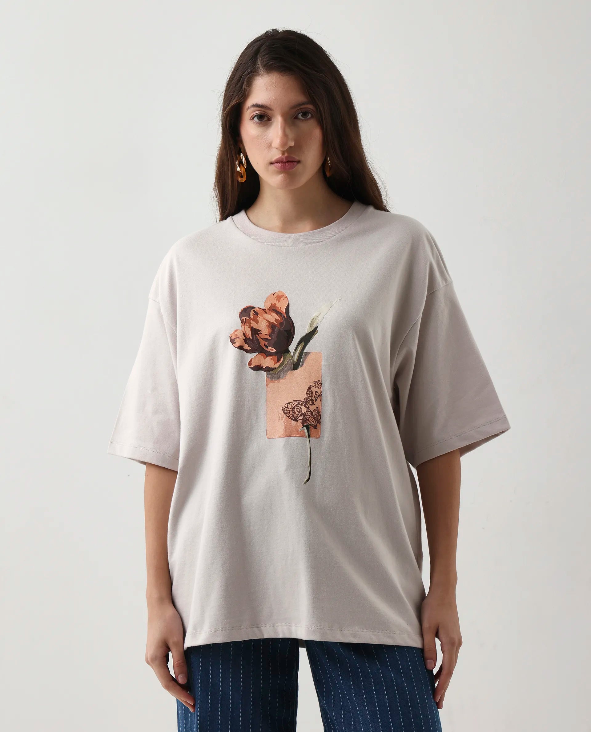 Rareism Women's Enof Beige Cotton Graphic Print Oversized T-Shirt