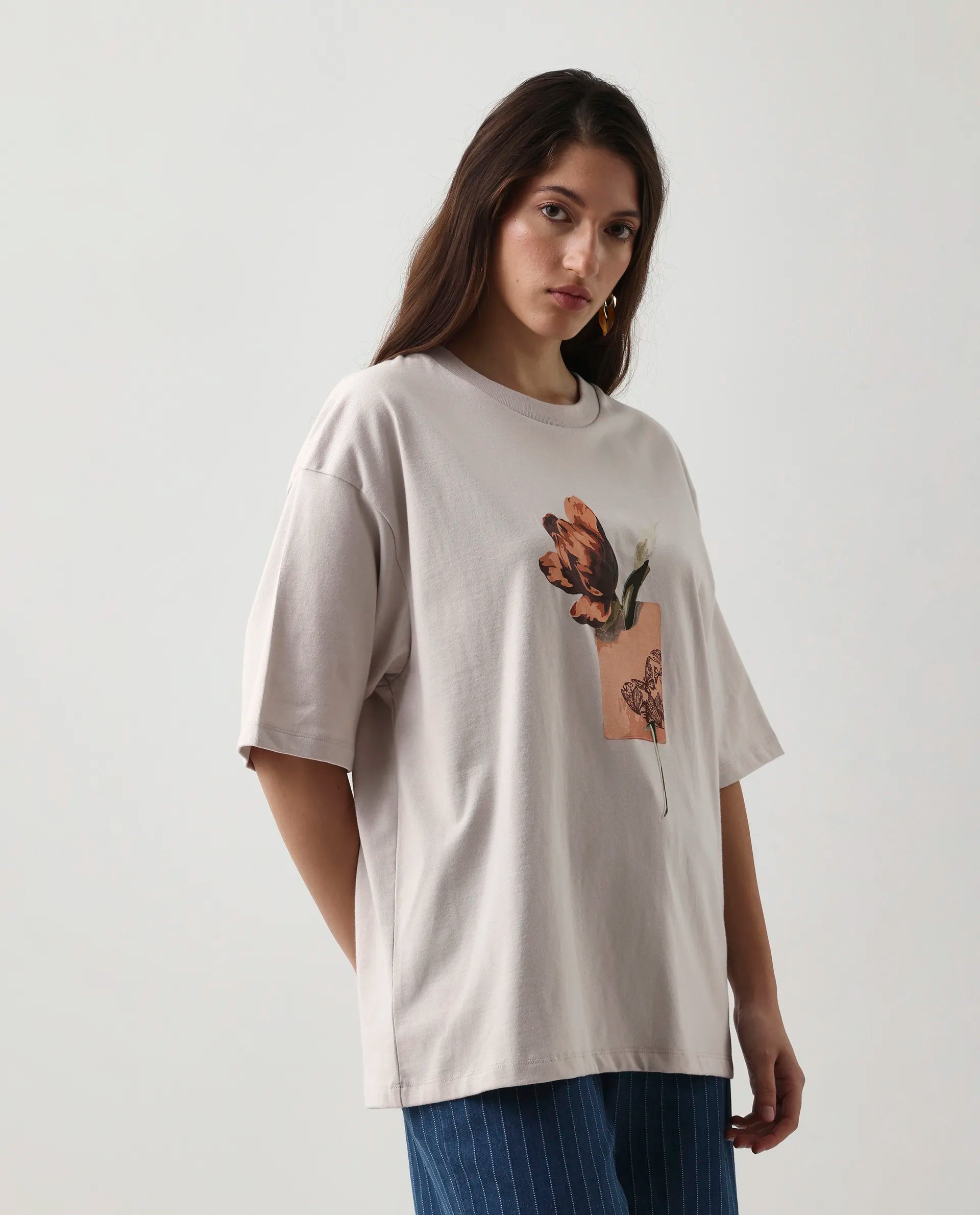 Rareism Women's Enof Beige Cotton Graphic Print Oversized T-Shirt