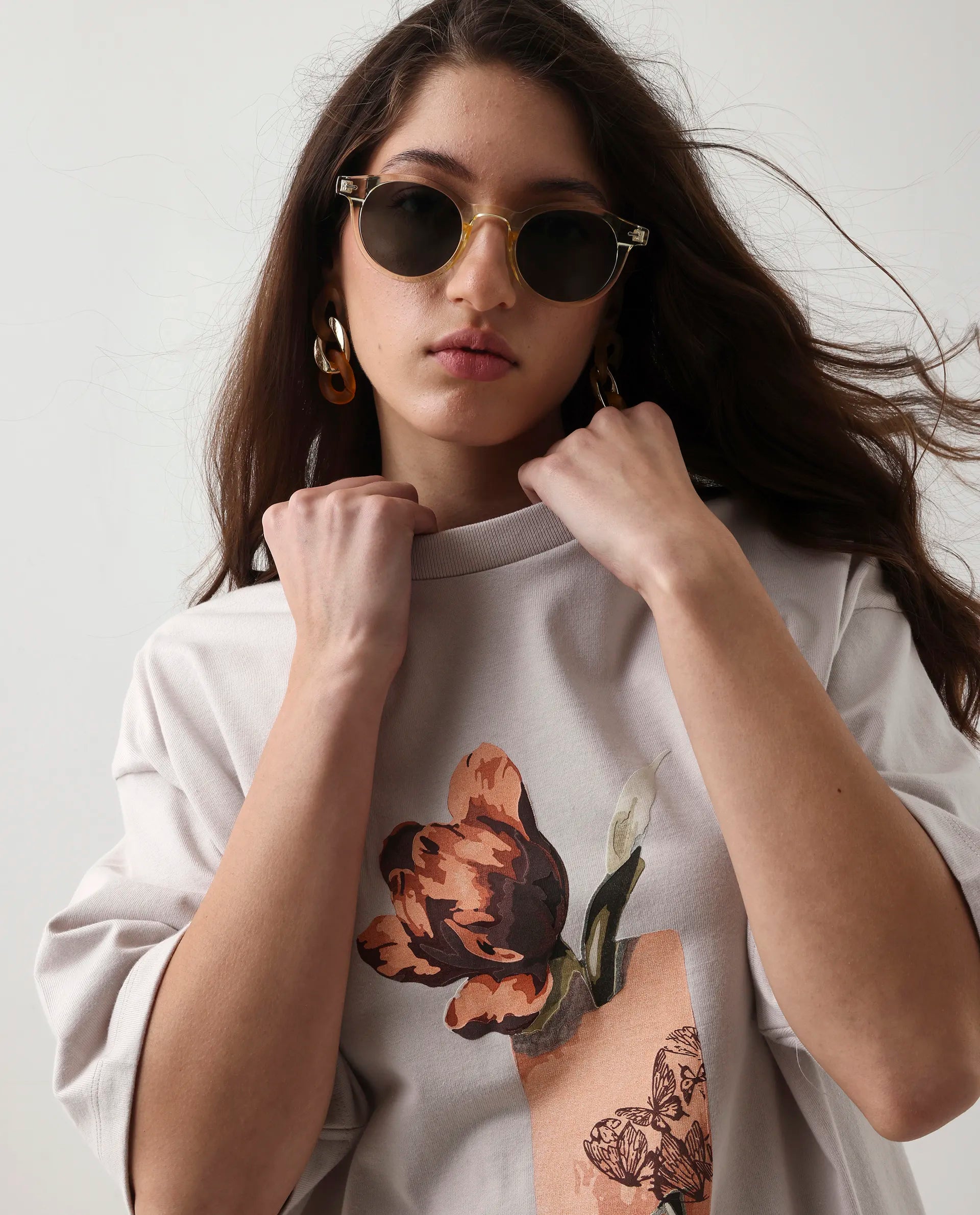 Rareism Women's Enof Beige Cotton Graphic Print Oversized T-Shirt