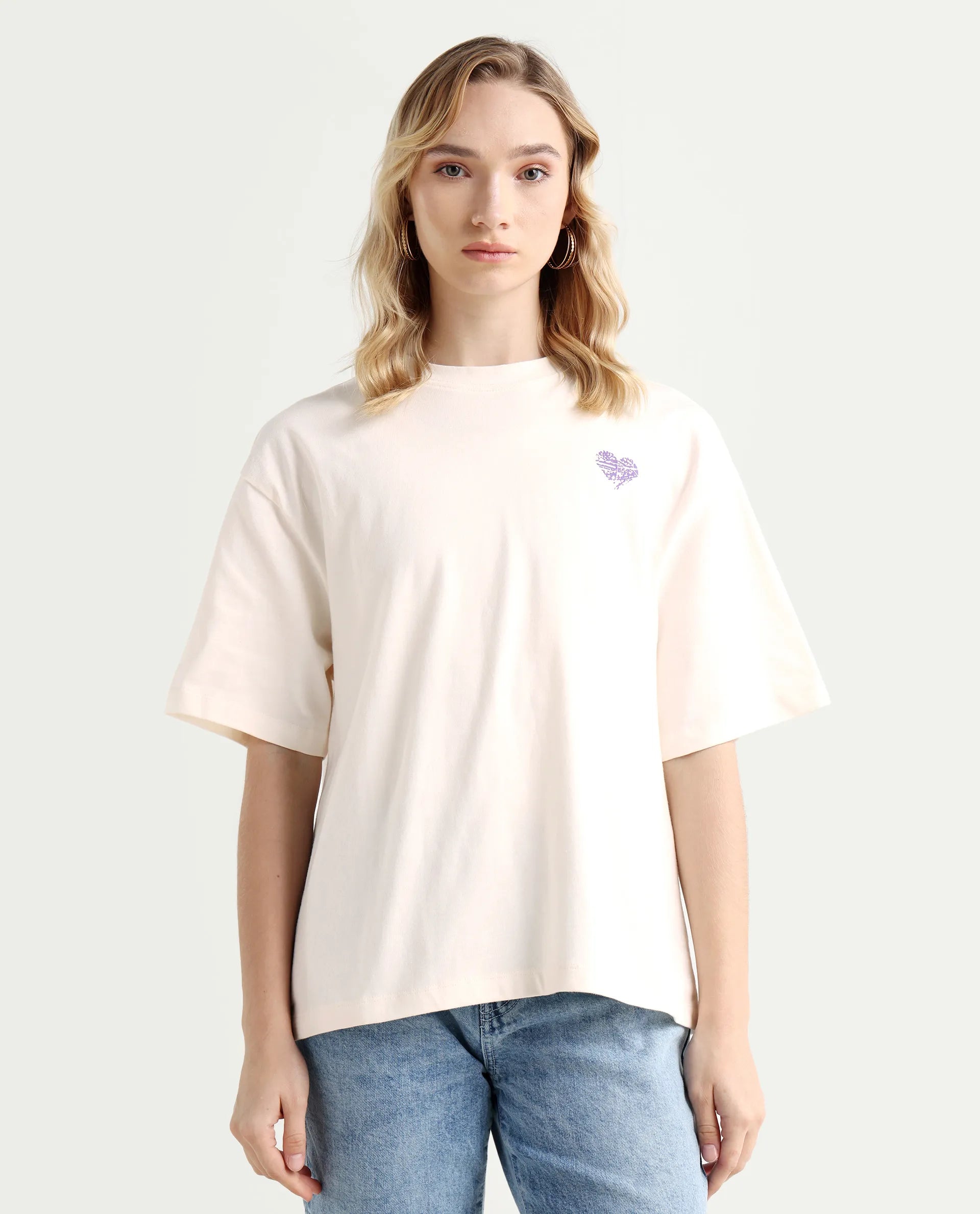 Rareism Women's Enrique Off White Cotton Blend Crew Neck Graphic Print Relaxed Fit T-Shirt