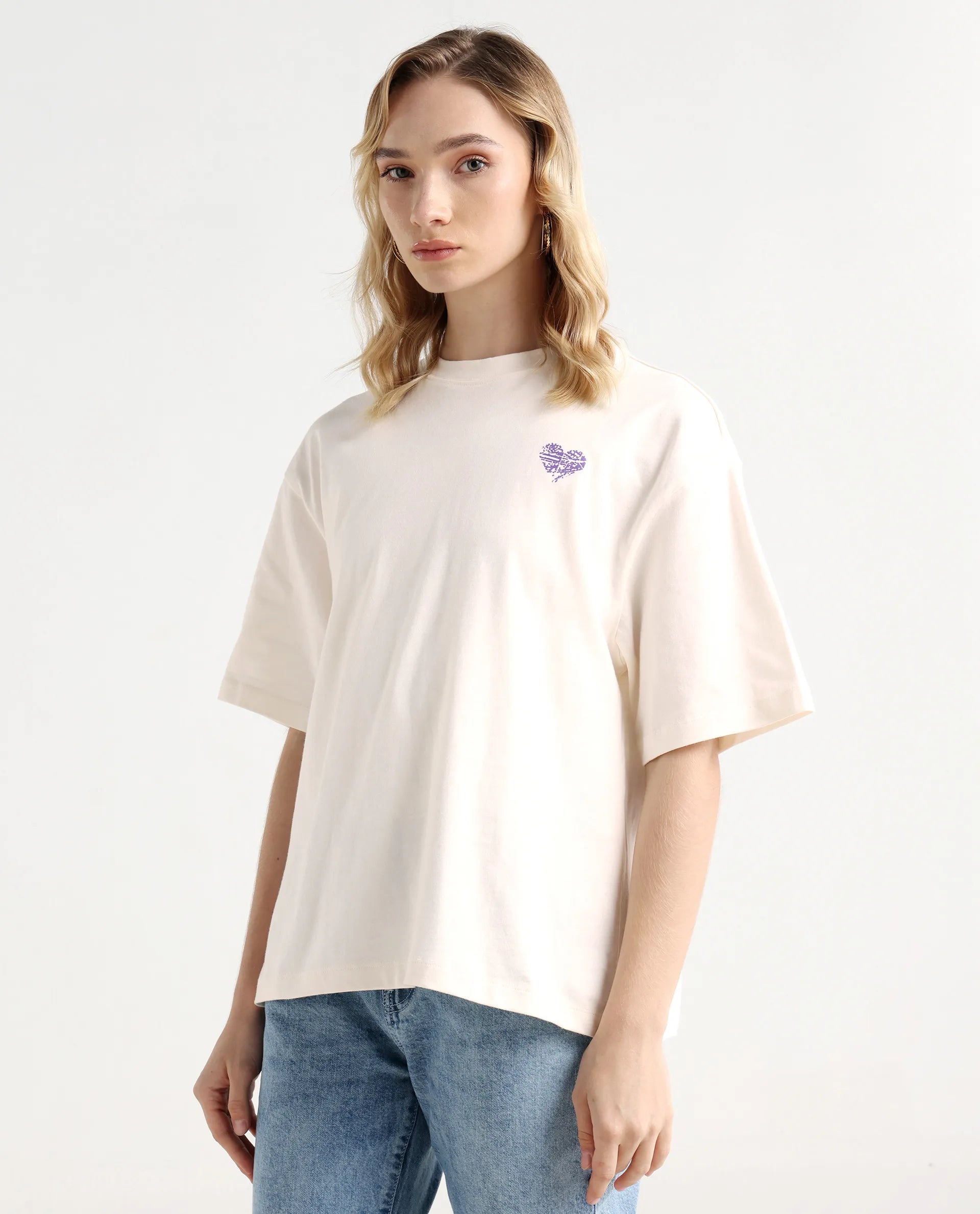 Rareism Women's Enrique Off White Cotton Blend Crew Neck Graphic Print Relaxed Fit T-Shirt