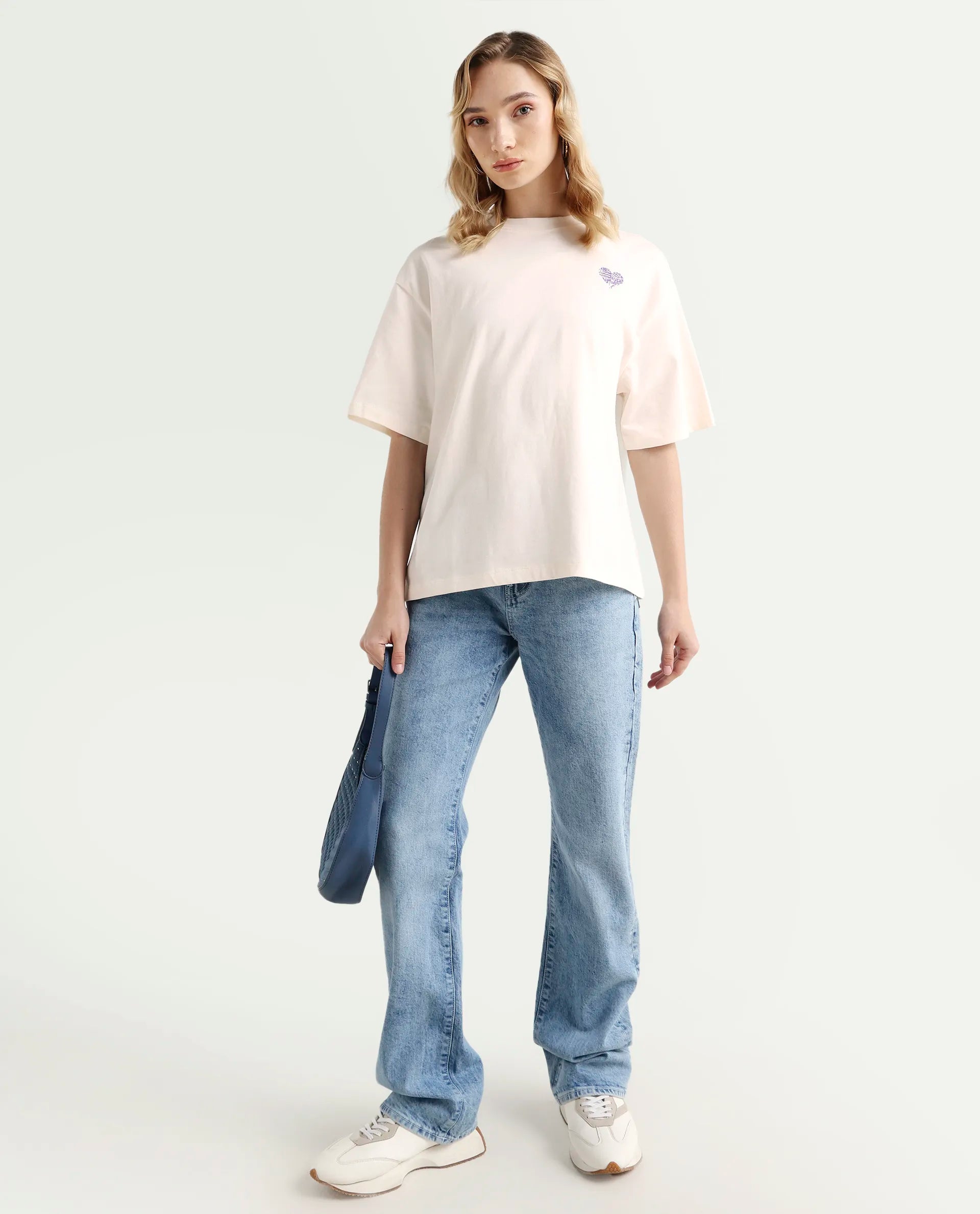 Rareism Women's Enrique Off White Cotton Blend Crew Neck Graphic Print Relaxed Fit T-Shirt