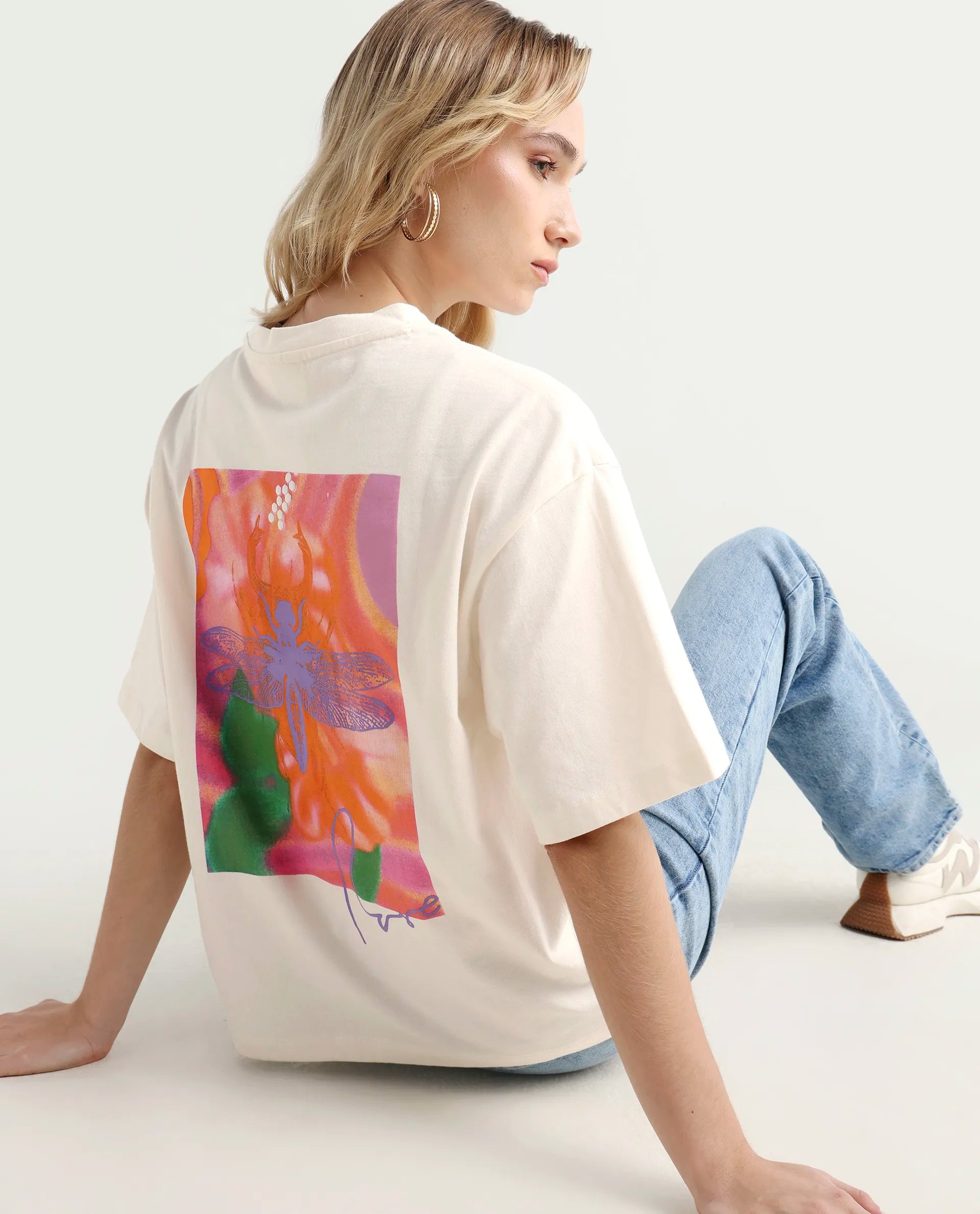 Rareism Women's Enrique Off White Cotton Blend Crew Neck Graphic Print Relaxed Fit T-Shirt