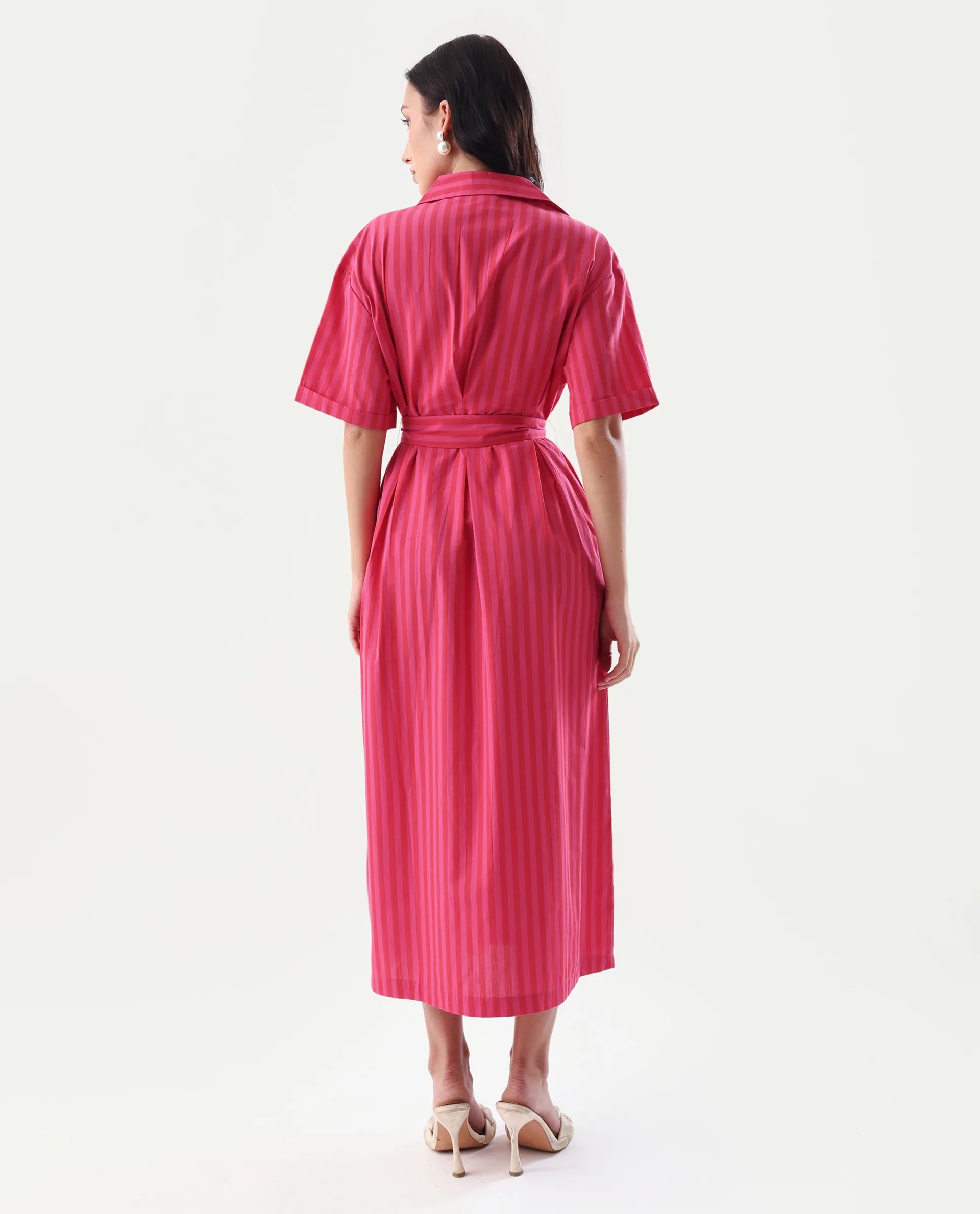 Rareism Women's Eparis Pink Cotton Blend Collared Striped Midi Regular Fit Dress