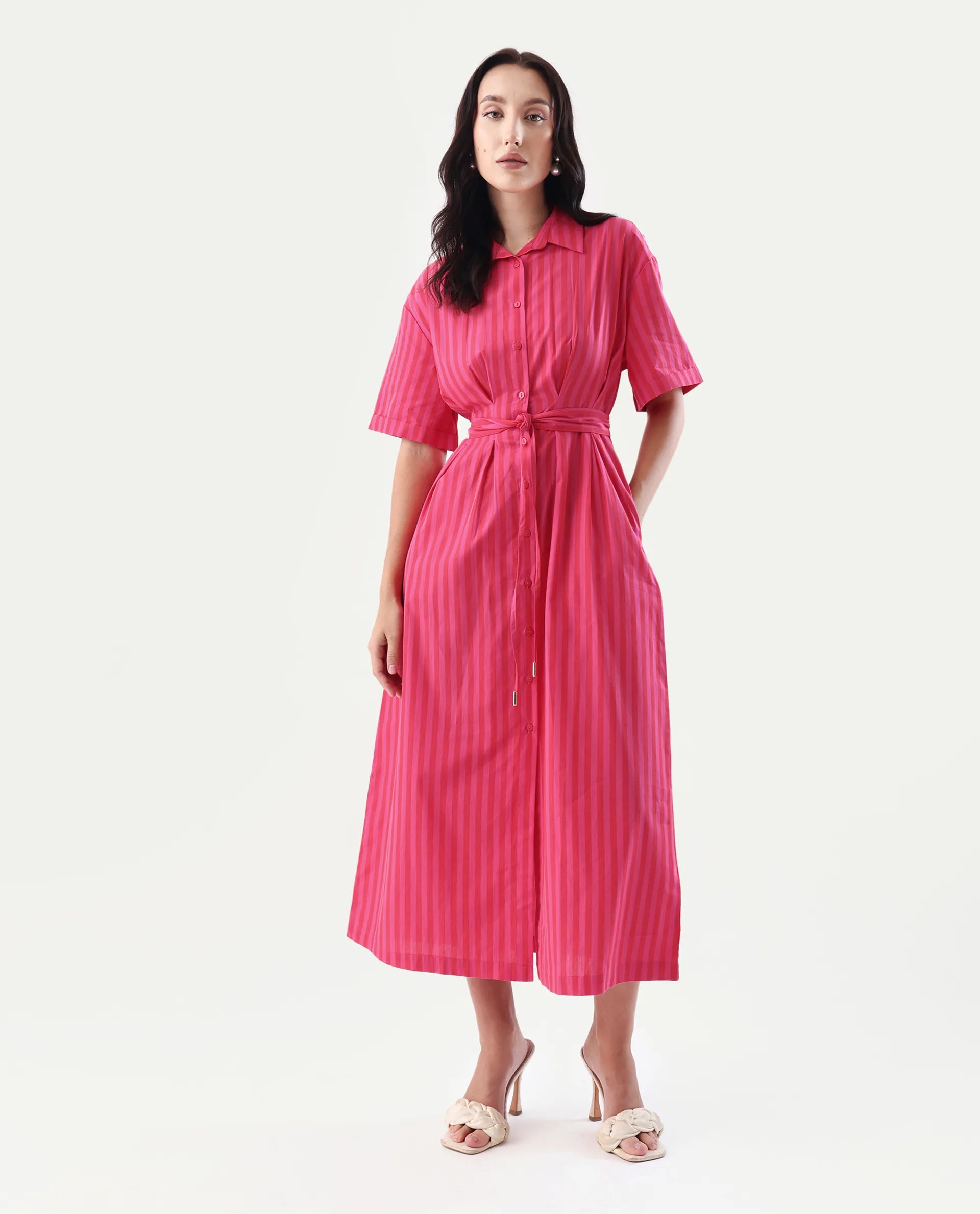 Rareism Women's Eparis Pink Cotton Blend Collared Striped Midi Regular Fit Dress