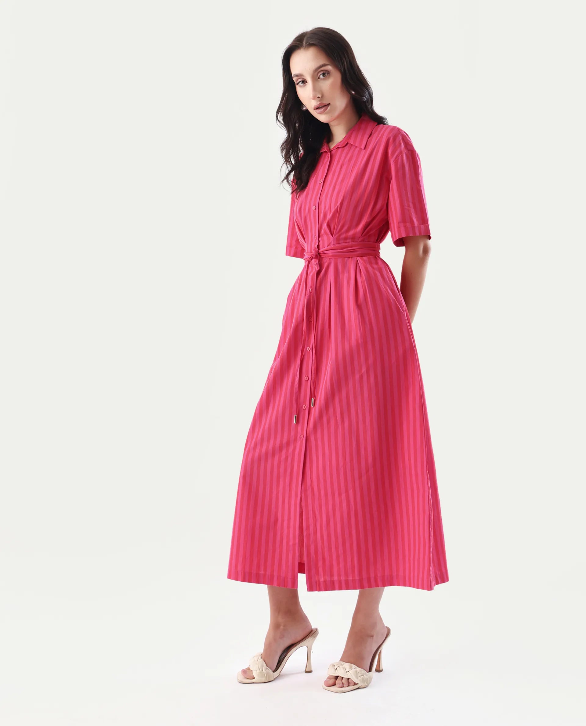 Rareism Women's Eparis Pink Cotton Blend Collared Striped Midi Regular Fit Dress